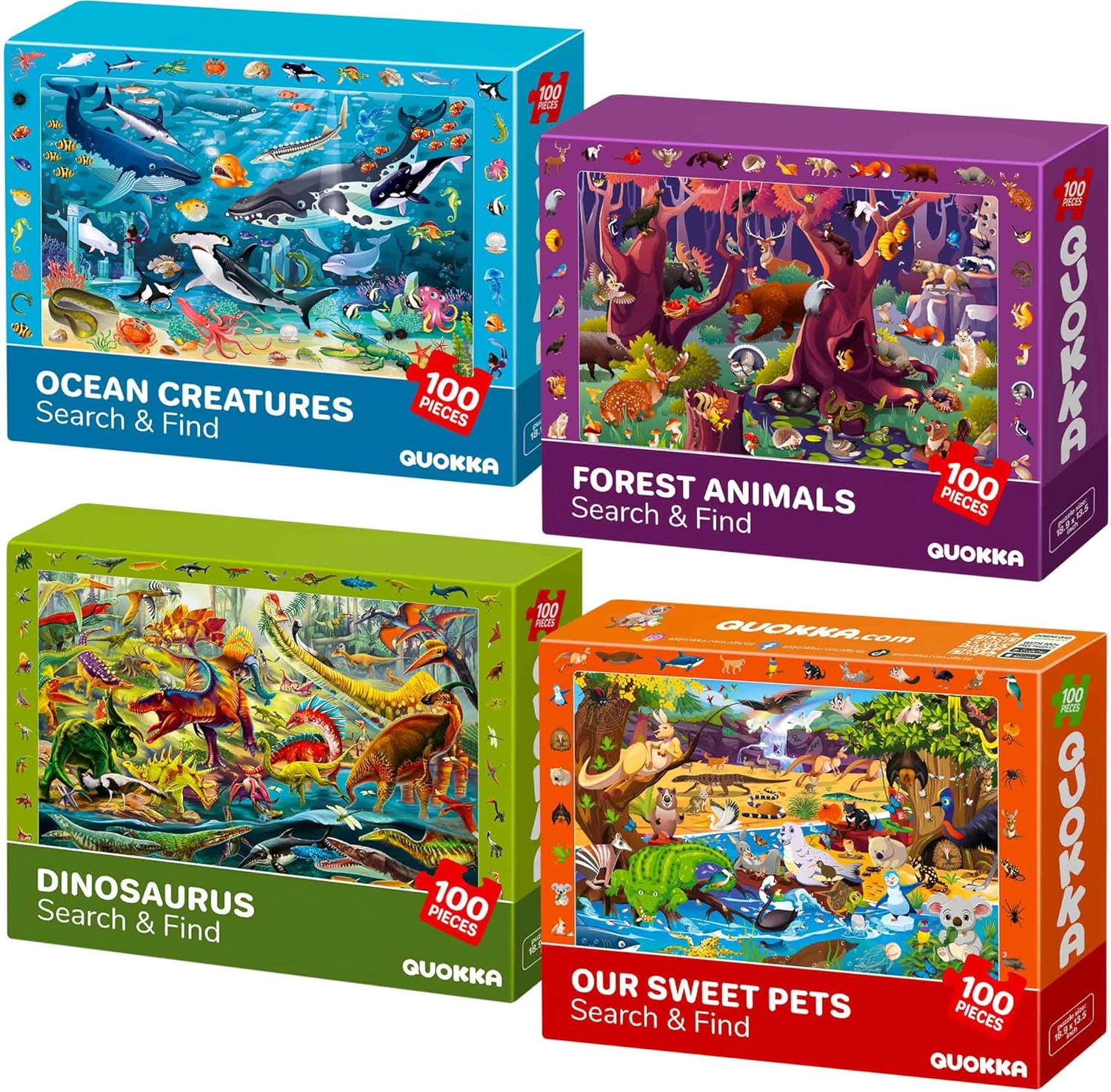 QUOKKA Search & Find Educational Puzzle Set, 100 150 Piece Jigsaw Puzzles for Kids, Ages 4-10, Animal City Themes