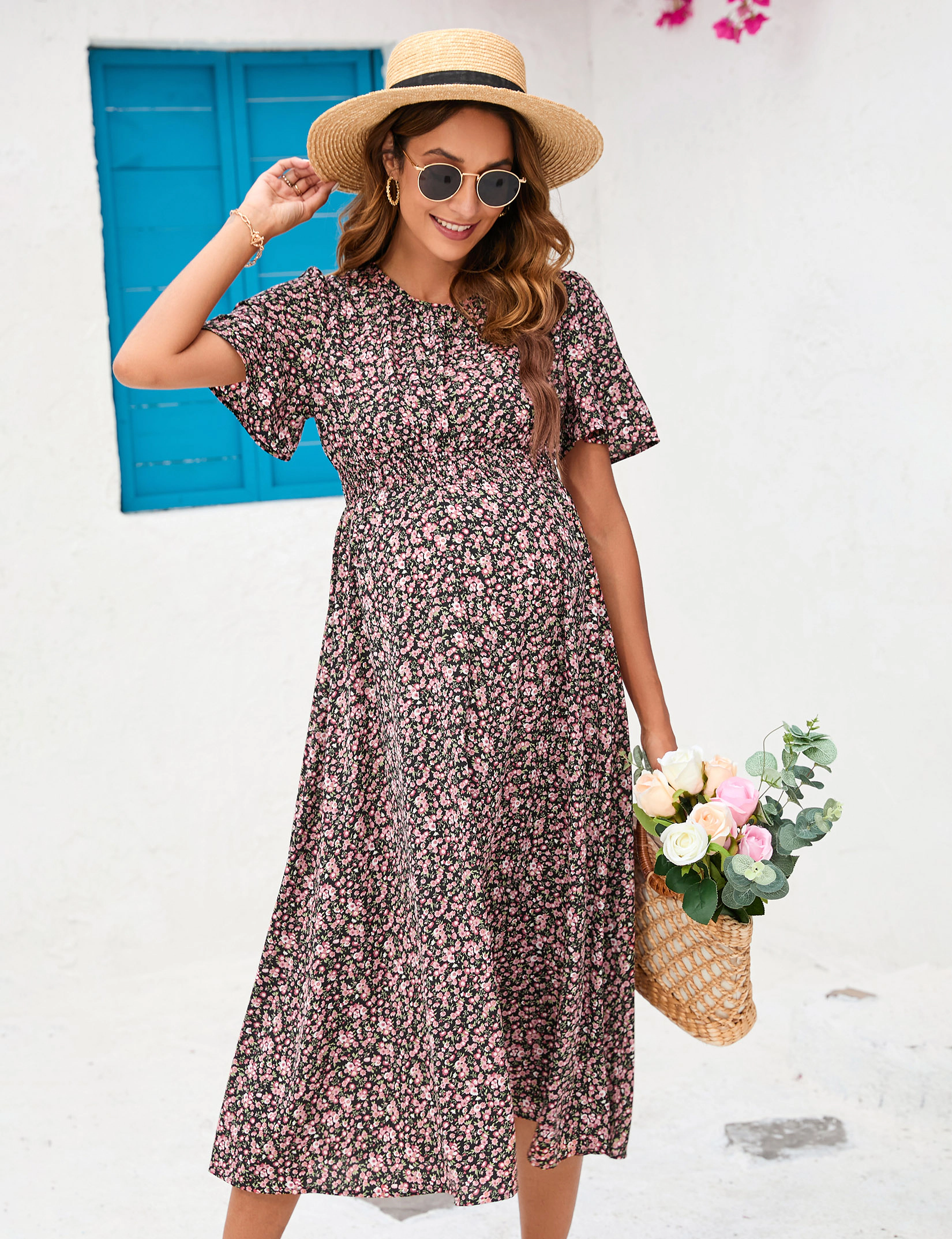 KOJOOIN Women's Floral Maxi Dress Crew Neck Short Sleeve Maternity Flowy Hem Skirt