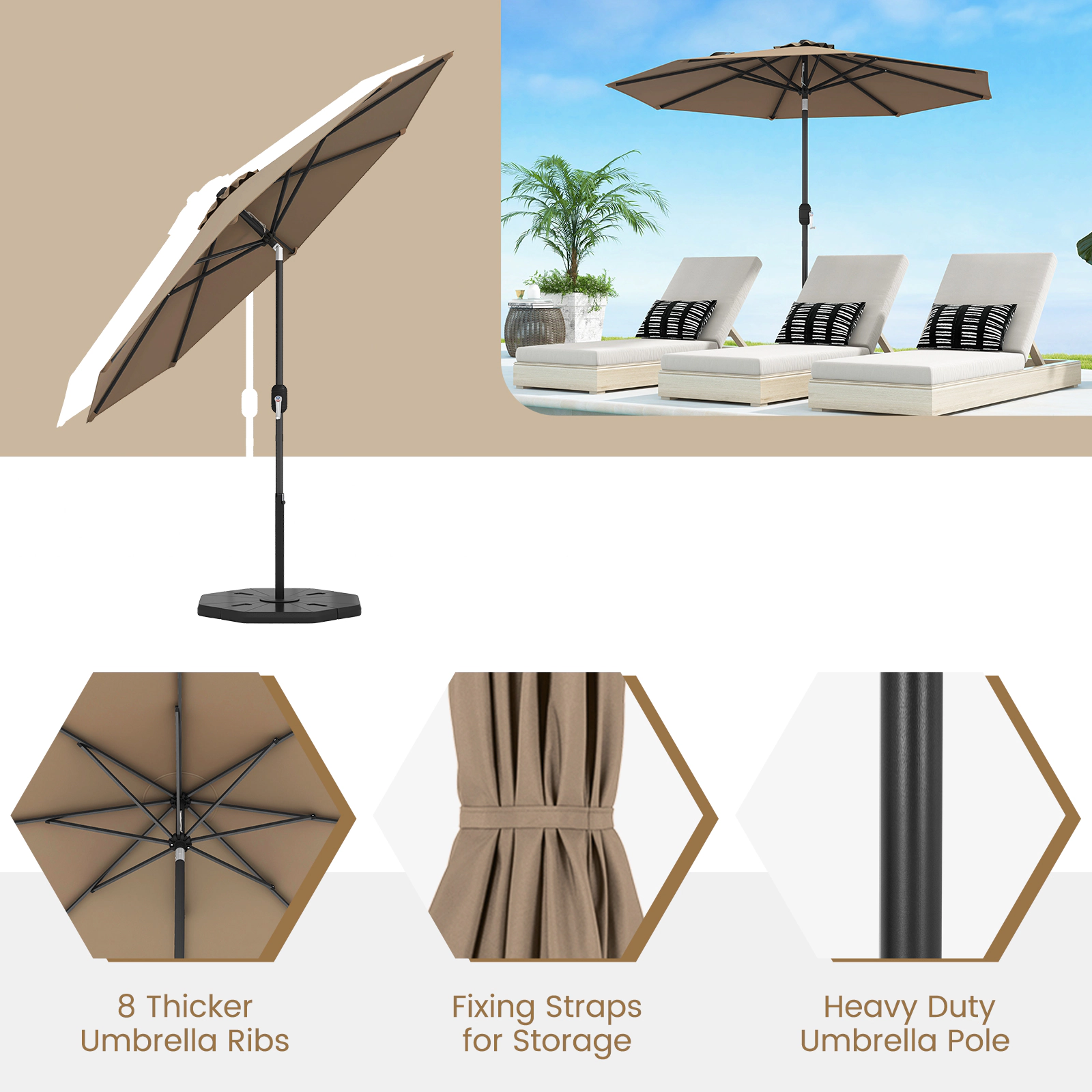 SUGIFT 9 ft Outdoor Market Patio Table Umbrella with Push Button Tilt & Crank Lift 12-lb Net Weight 8-Rib Iron Frame Tan