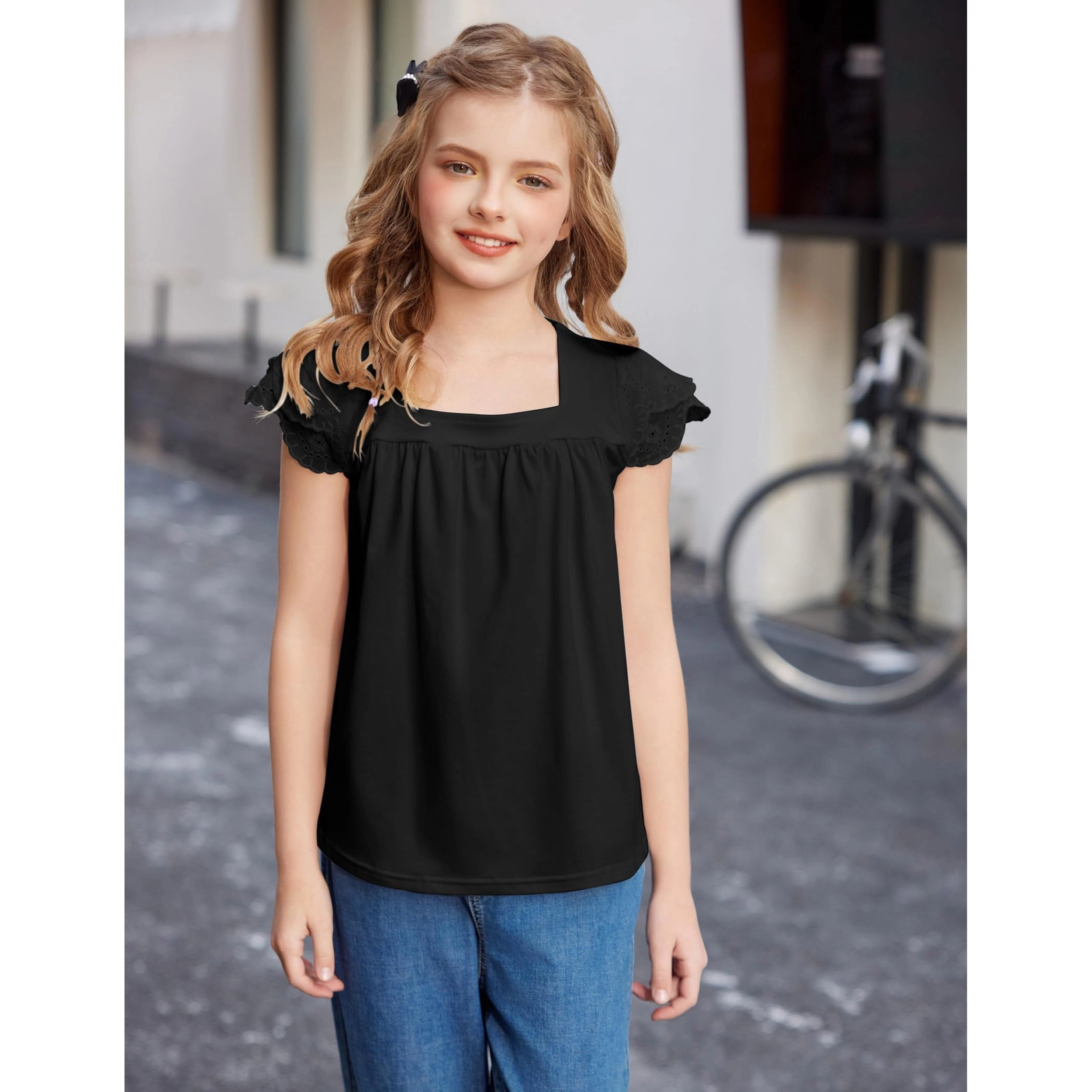 Arshiner Girls Shirts Short Sleeve Square Neck Summer Lace Openwork Pleated Tops Blouse Tunic