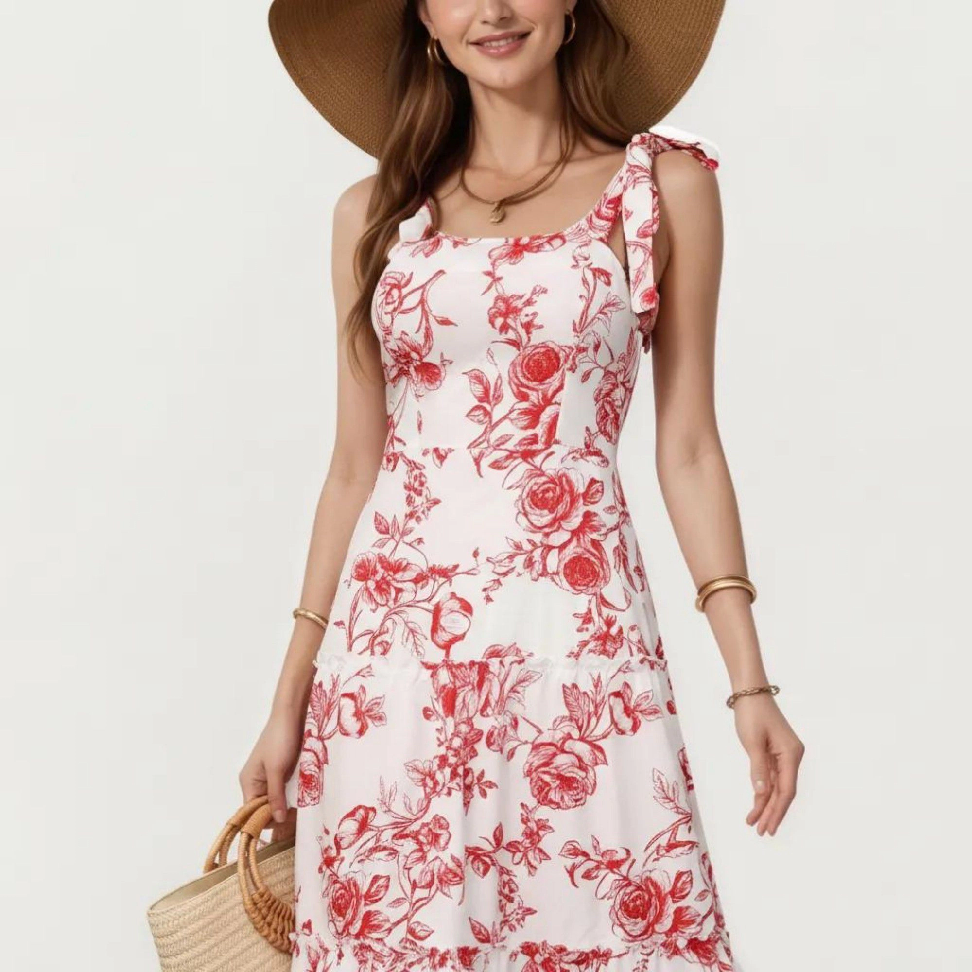 Anna-Kaci Women's Sleeveless Floral Ruffle Strap Detail Square Neck Tiered Skirt Flowy Maxi Dress