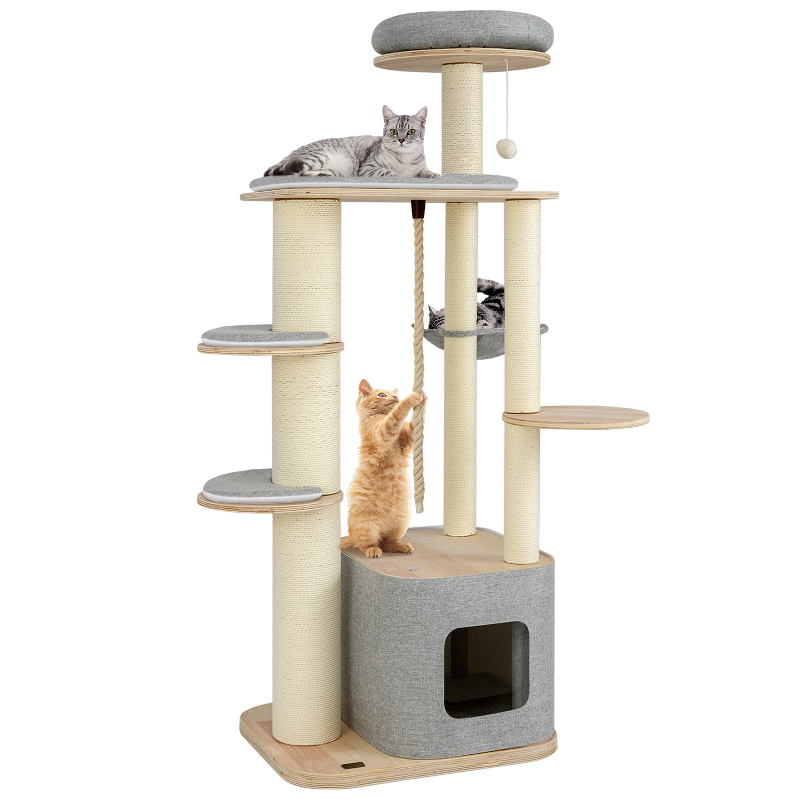 Glintex 63-Inch Cat Tower with Detachable Condo Wall Linen Cushions and Hammock, Natural