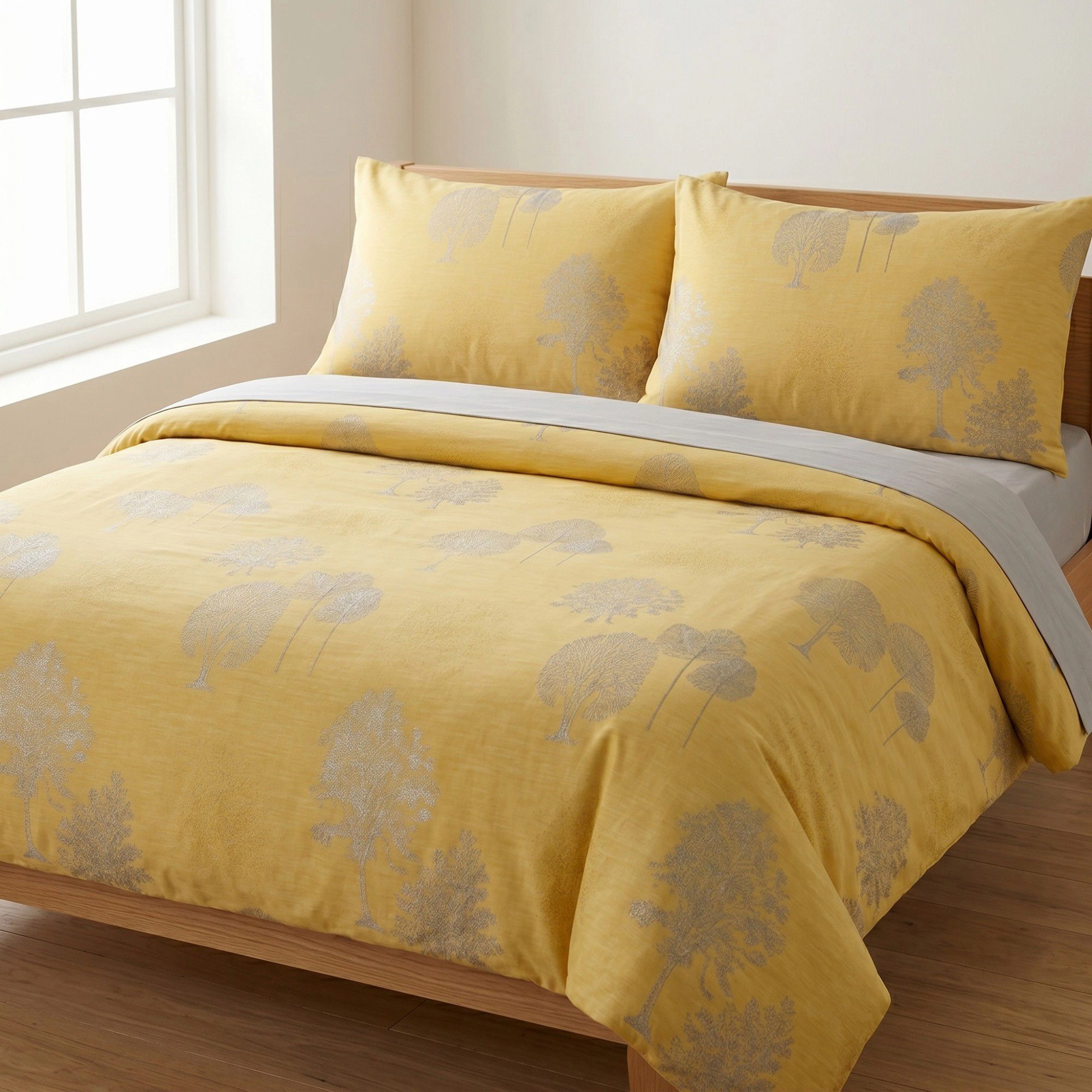 Alilang Unisex 4-Piece Cotton Bedding Set with Elegant Tree Print Duvet Cover, Pillowcases, and Flat Sheet
