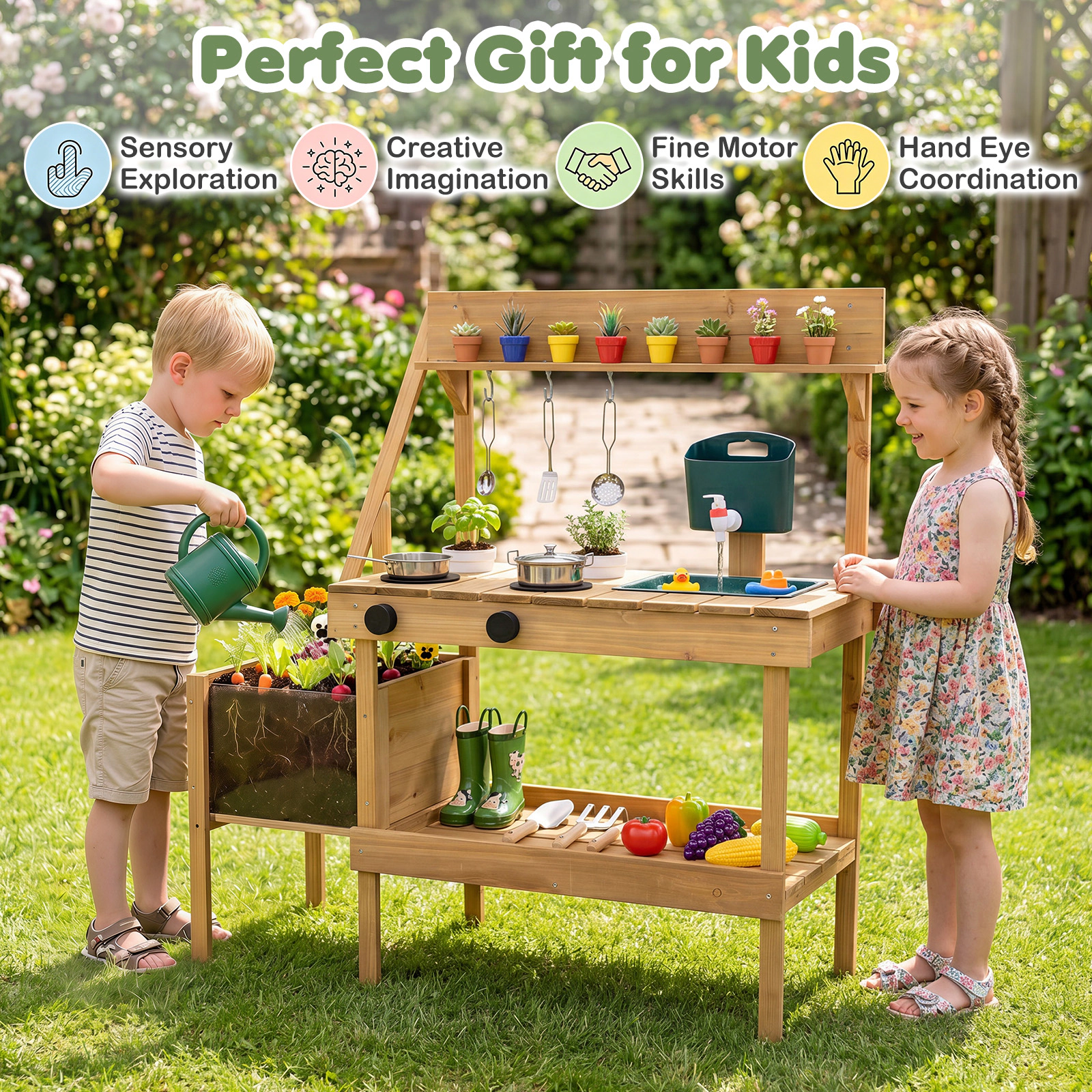 Costway Kids Mud Kitchen, Wooden Play Kitchen with Planter Box, Stoves, Water Tank, Sink Natural