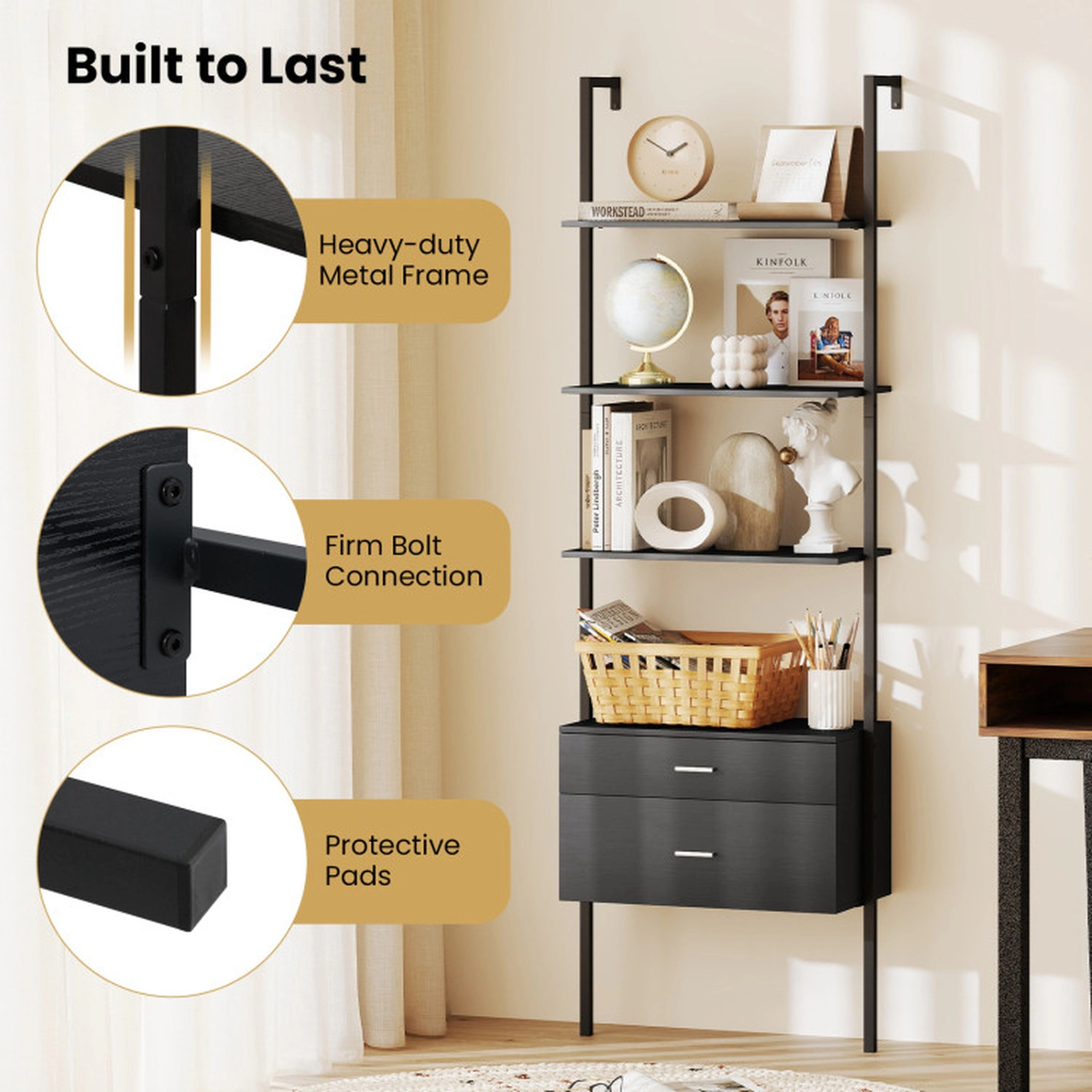 SUGIFT 6-Tier Black 72.5-in Tall Ladder Shelf Bookshelf with 2 Drawers Metal Frame and Raised Legs