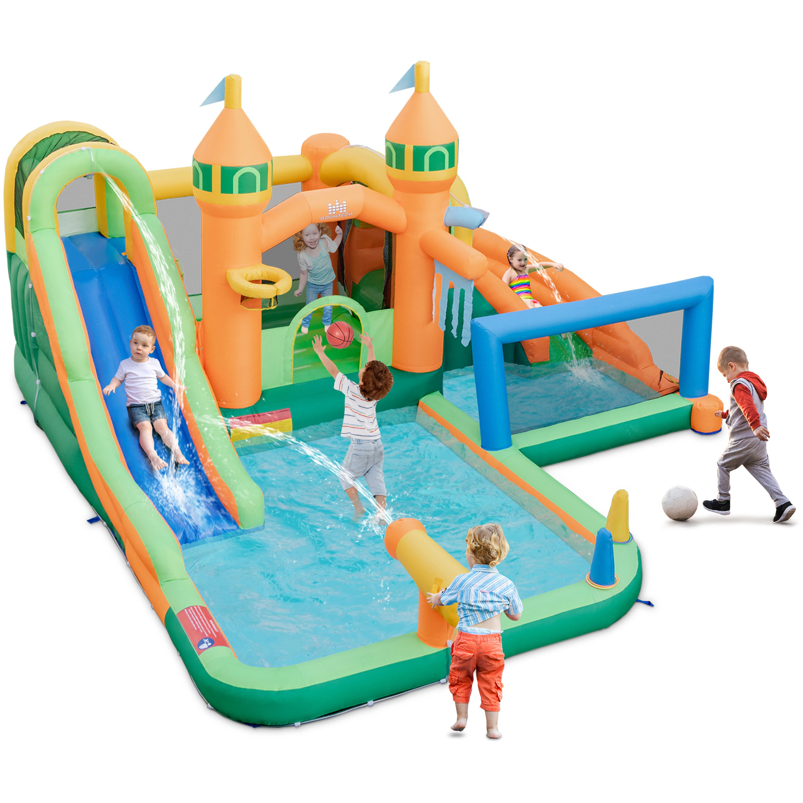 SUGIFT Kids Inflatable Water Slide with Two Pools Round Climbing Door and Basketball Hoop No Blower