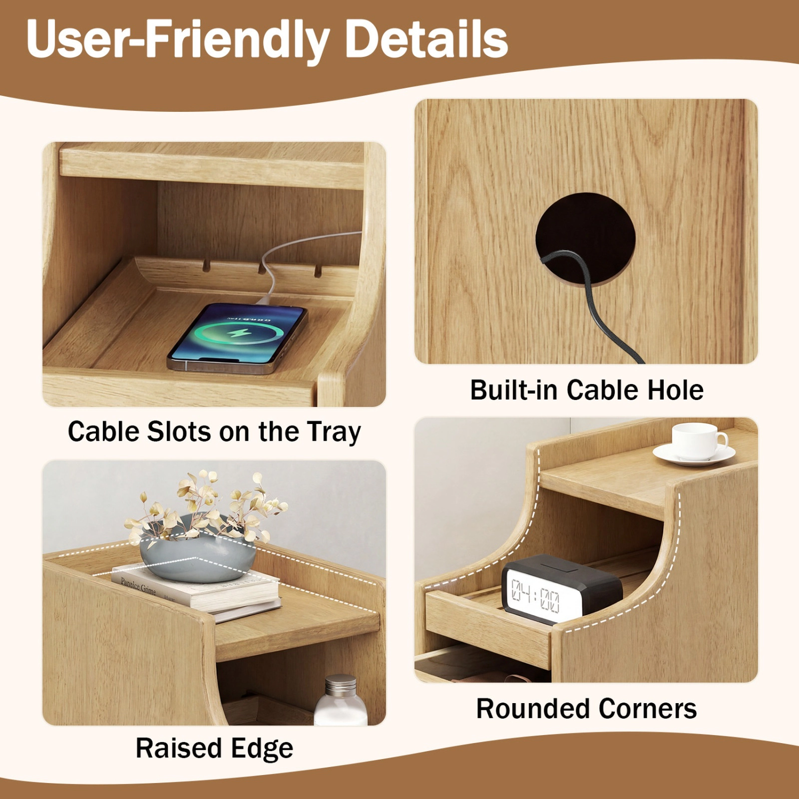 SUGIFT Natural Pull-Out Tray and 2 Drawers Set of 2 Solid Rubber Wood Narrow Nightstands
