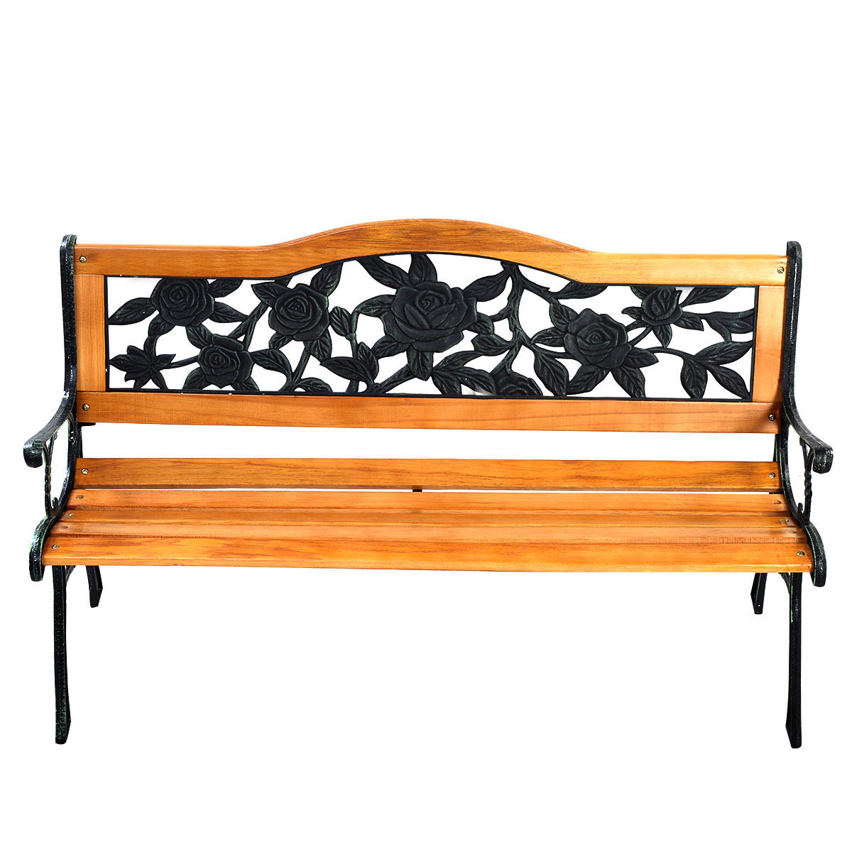 LJG Garden Bench Chair Outdoor Wooden Loveseat with Iron Armrest