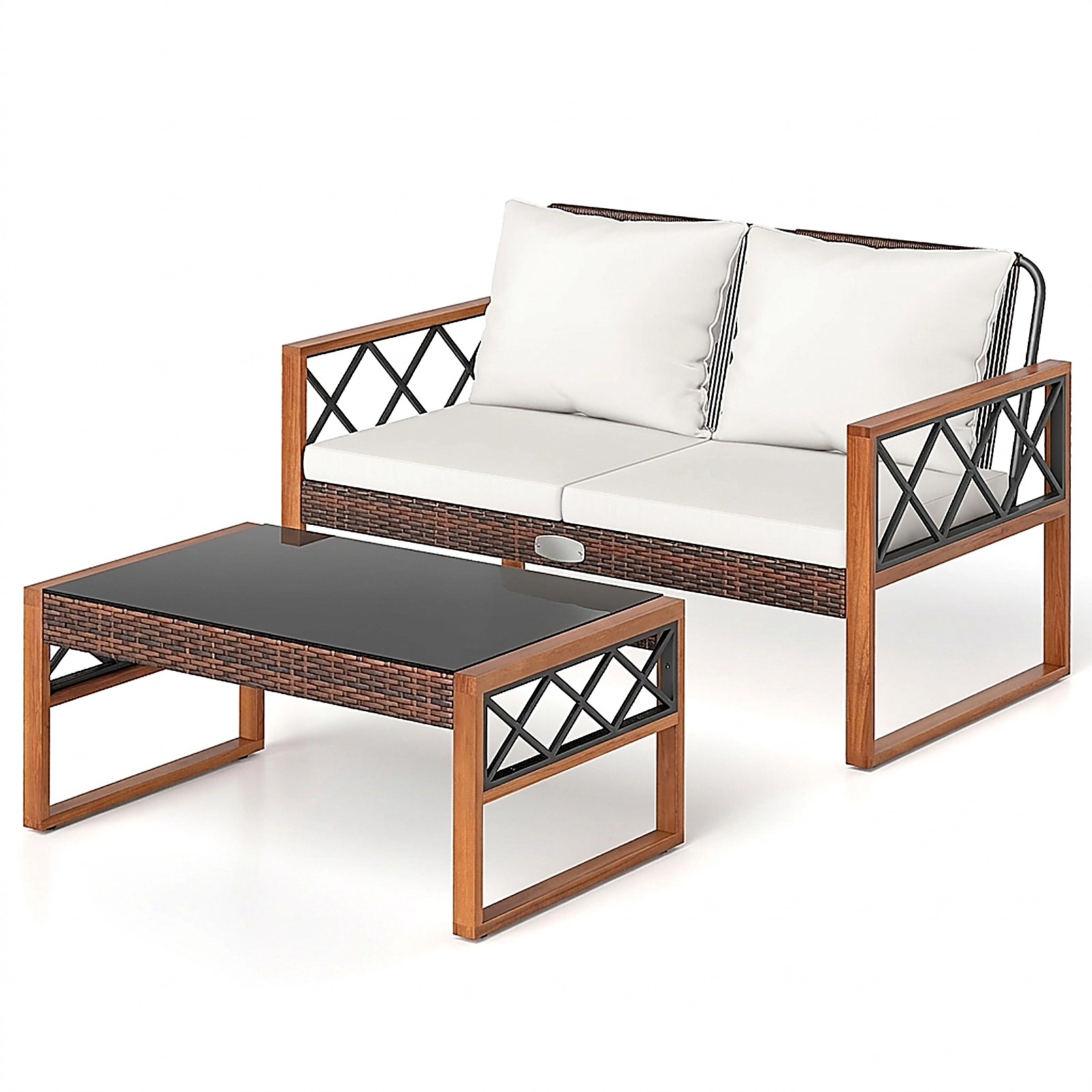 SUGIFT Acacia Wood Accents 2-Piece White PE Wicker Patio Loveseat and Coffee Table Set