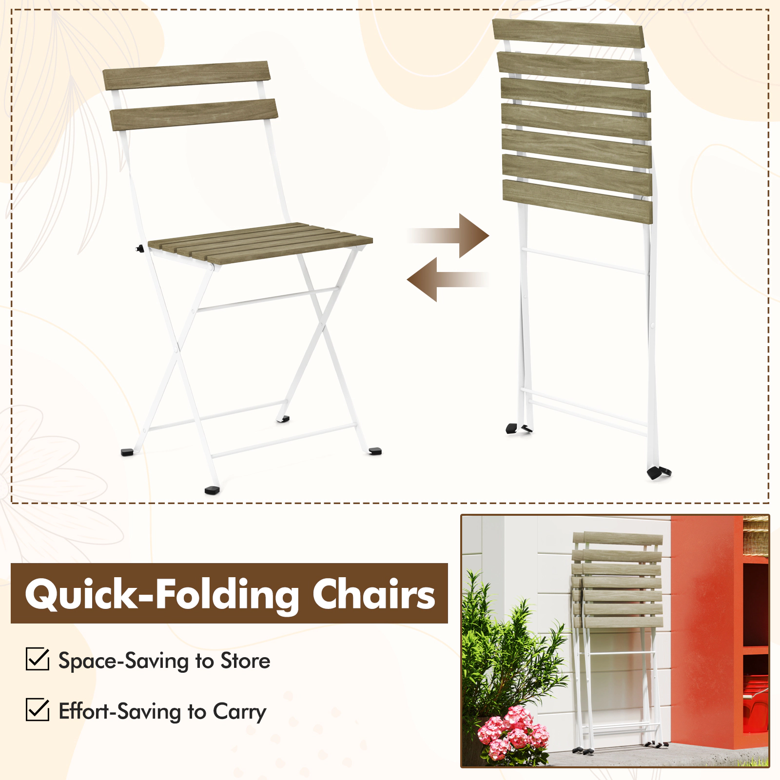 SUGIFT 3-Piece Acacia Wood Bistro Set with 2 Folding Chairs and Slatted Table