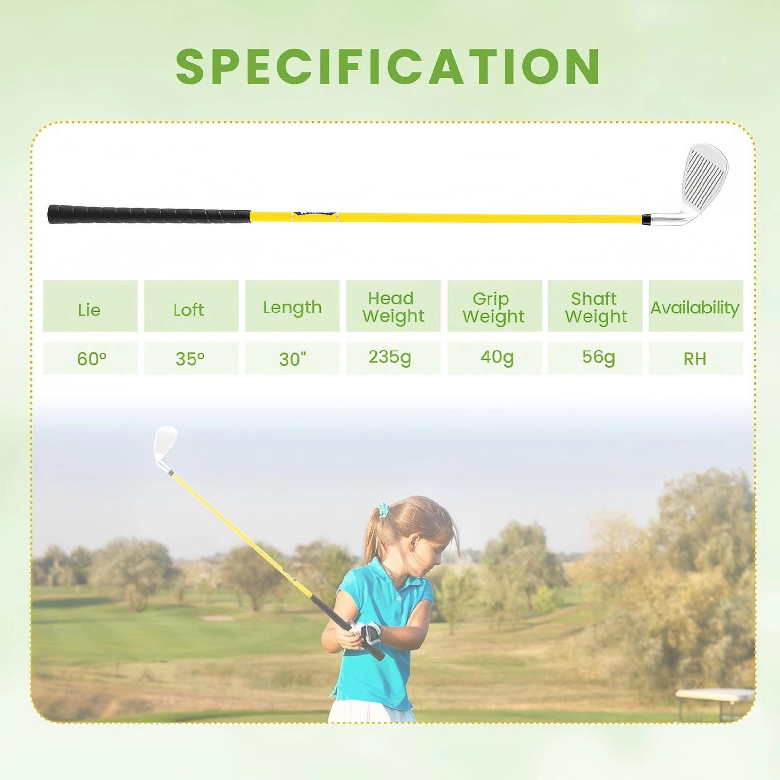 SUGIFT Junior #7 Iron Golf Club 30-in Length Ages 8-10 Green/Yellow with Headcover