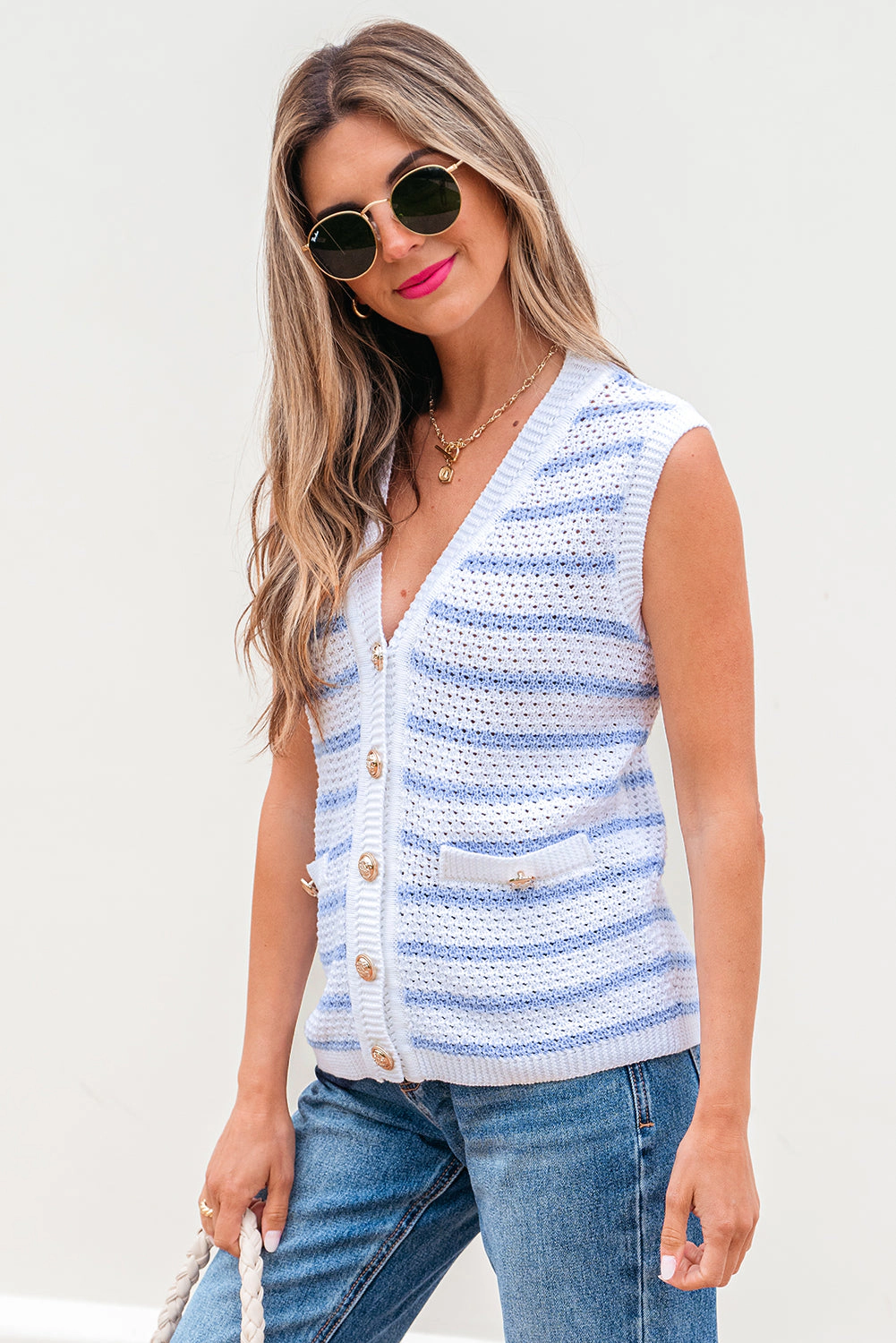 Threaded Pear Women's Veda V Neck Gold Buttons Elegant Sweater Vest