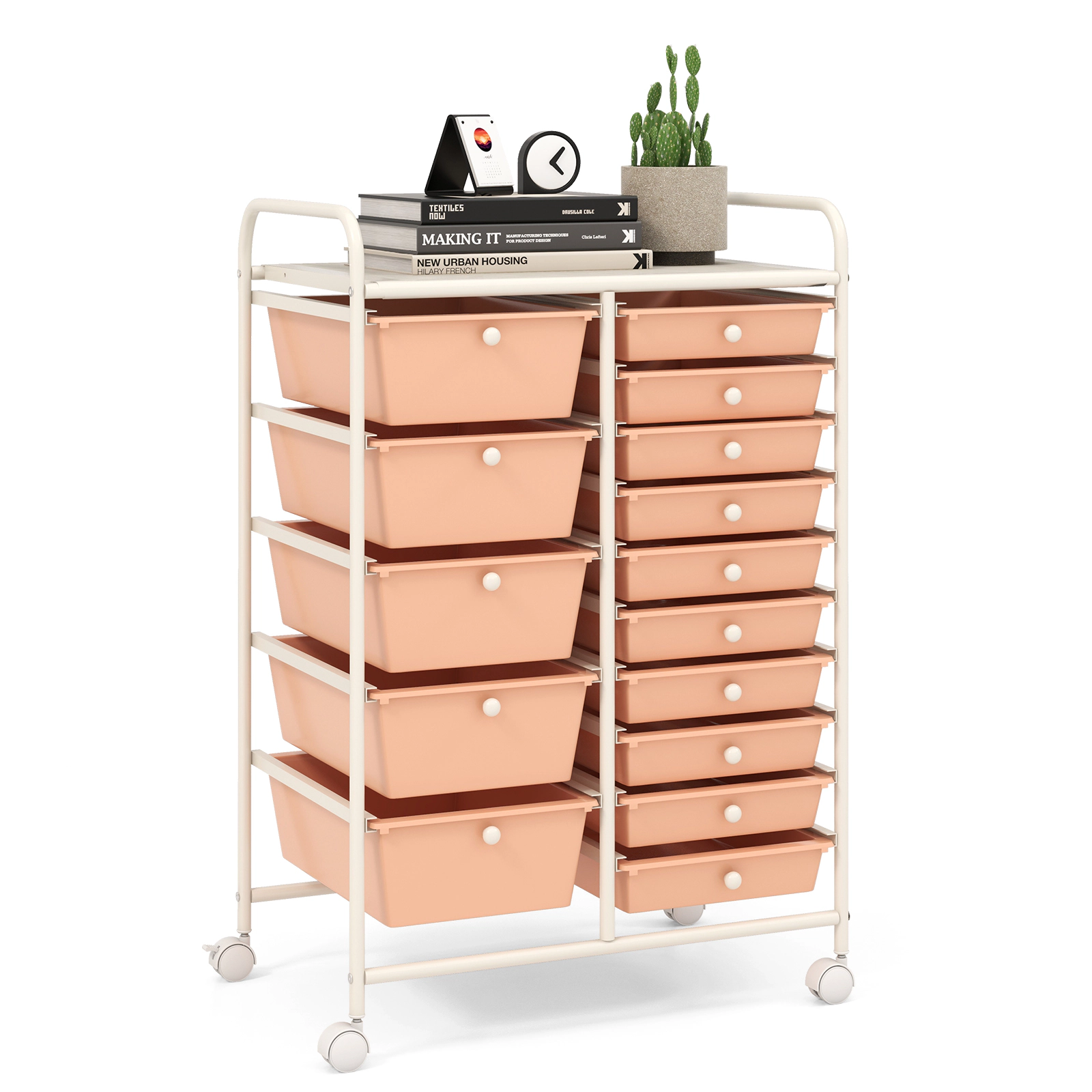 SUGIFT Peach 34-in 15-Drawer Rolling Utility Cart Kitchen Pantry and Laundry Organizer with Locking Casters