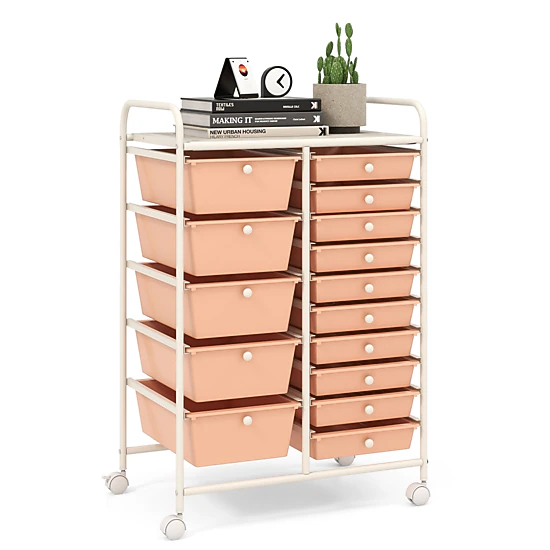 SUGIFT Peach 34-in 15-Drawer Rolling Utility Cart Kitchen Pantry and Laundry Organizer with Locking Casters