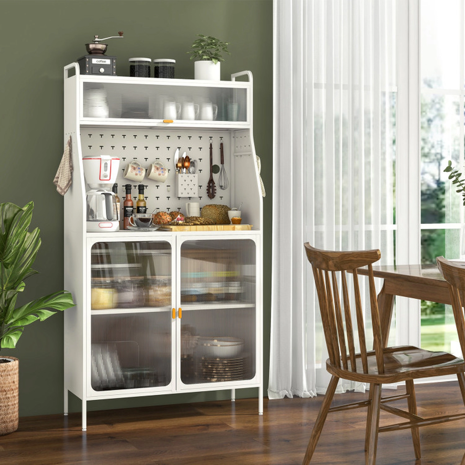 SUGIFT 5-Tier Metal Sideboard Baker's Rack with Pegboard and See-through Flip-up Door 230-lb Capacity White & Gold