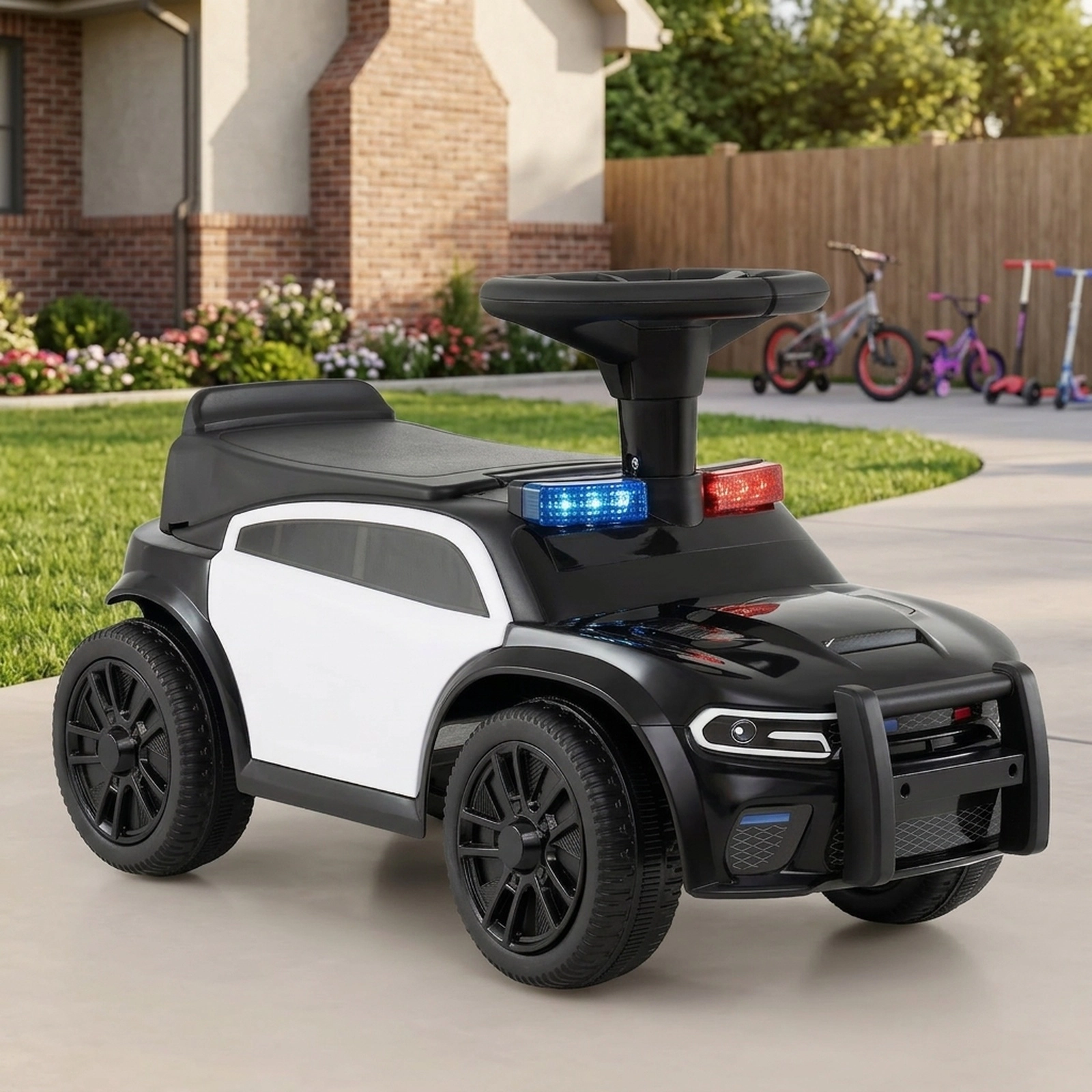Toddler Sliding Ride On Car Police Siren 3 Music Modes Flashing Lights Anti-Tip Block 18 Months+ Black Scoot Car