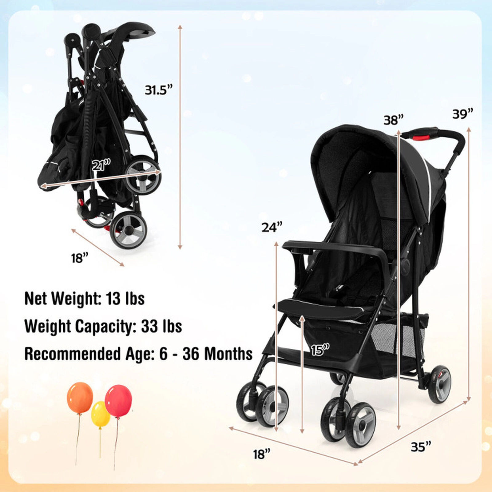 SUGIFT Toddler Travel Stroller for Airplane with Canopy and Adjustable Backrest 33-lb Capacity Ages 6-36 Months Black