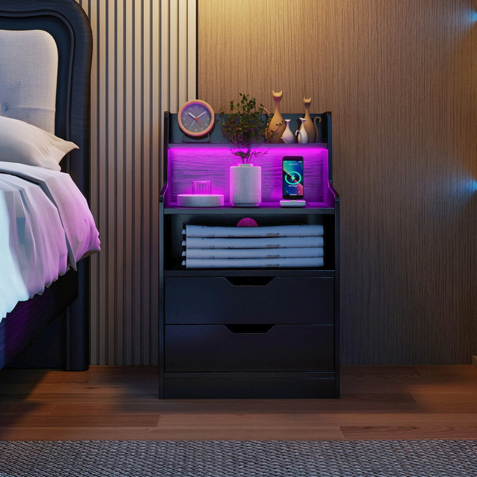 SUGIFT 28.5-Inch Black Smart LED Nightstand with App, Remote and Charging Station
