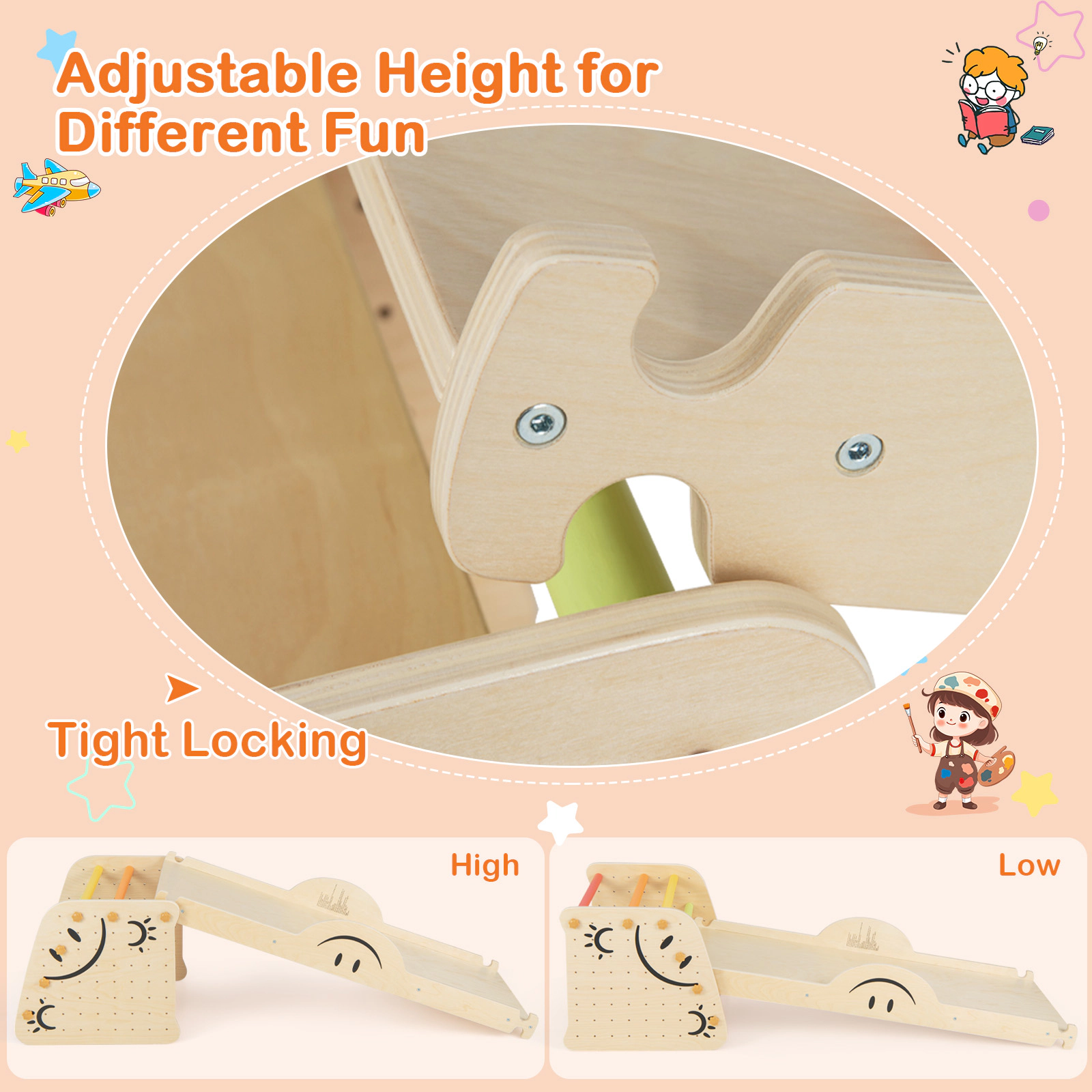 SUGIFT Multicolor Seesaw and 47 Inch Ramp Kids Wooden Climbing Toy Triangle Climber Set
