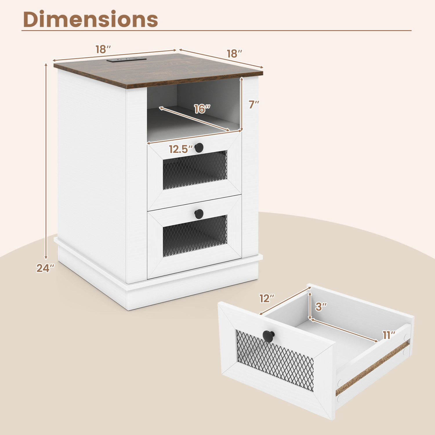 Hivvago Nightstand with Charging Station and 2 Drawers Storage Compartment for Bedroom