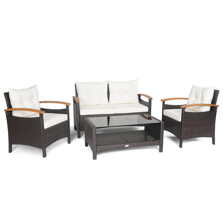 Hivvago 4 Pieces Patio Rattan Furniture Set With Cushioned Sofa And Storage Table