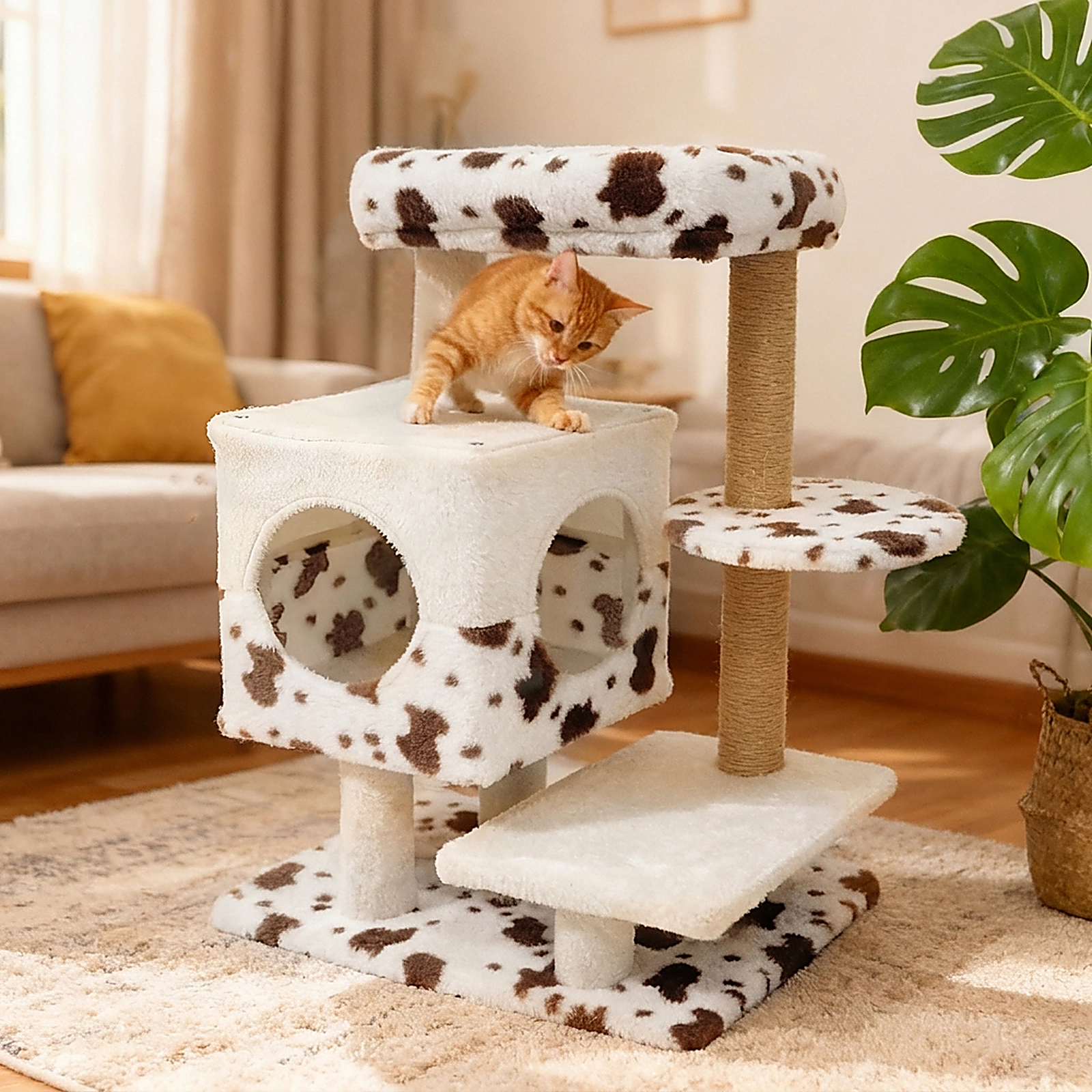 SUGIFT Modern Cat Tree Indoor Cat Tower with Wide Upholstered Perch and 2-Entrance Cat Condo 30-in Tall White Brown