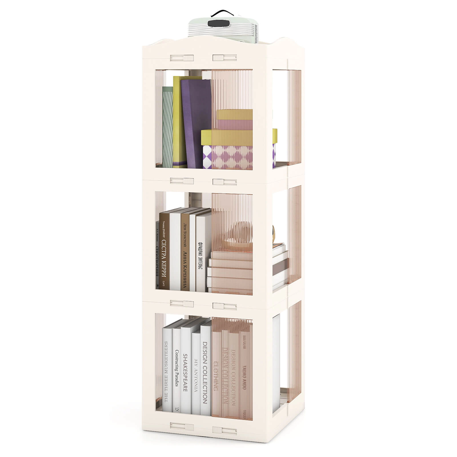 Costway 360° Spinning Bookcase with Swivel Base, 3-Tier Revolving Bookshelf Tower for Study White