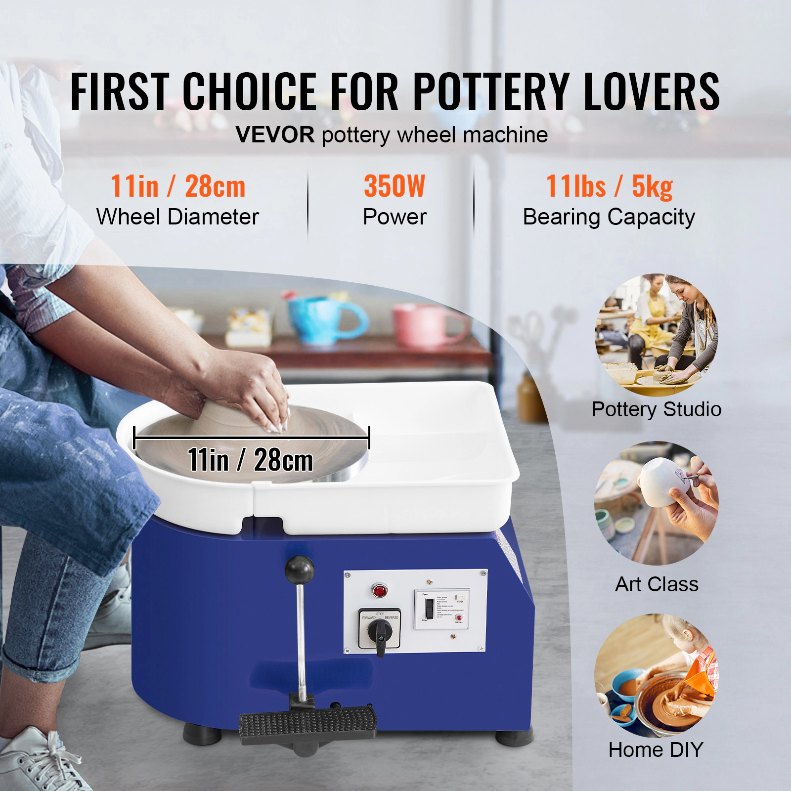 HONGGE Pottery Wheel 11 in Clay Wheel Forming Machine 60-300 RPM Adjustable Speed with Handle and Pedal Control ABS