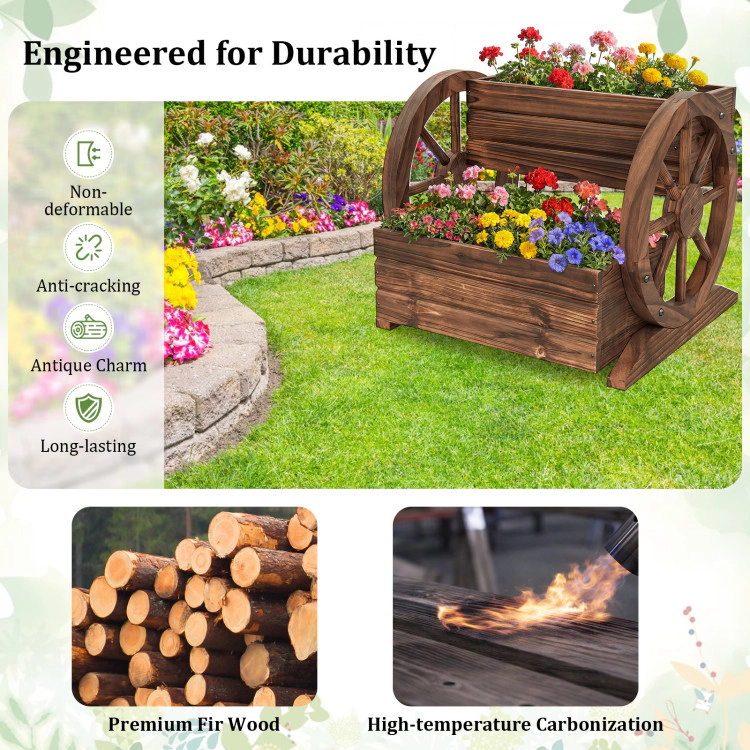 Hivvago 2-Tier Raised Garden Bed Rustic Wood Wagon Shape with Drainage Holes and Wheels