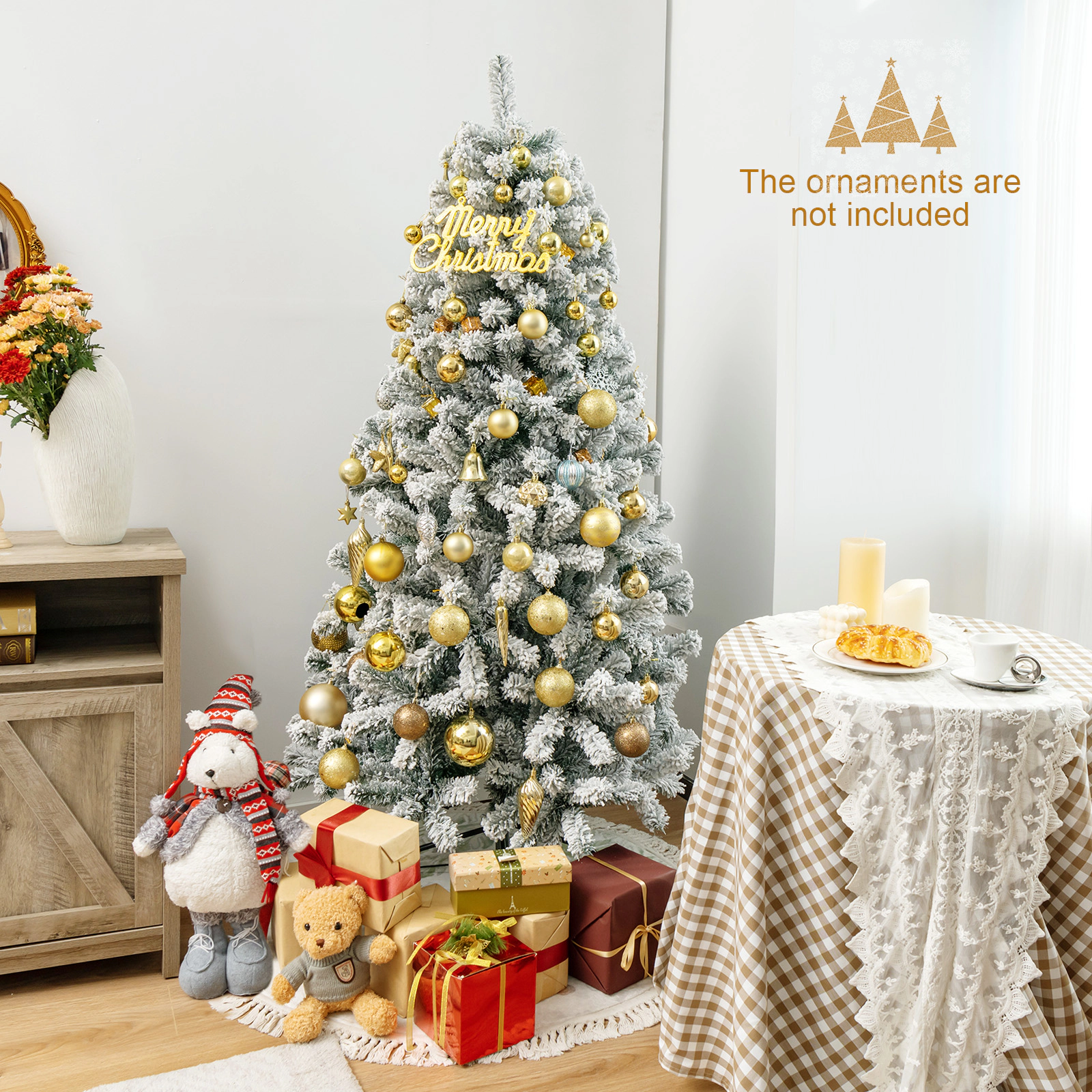 SUGIFT Snow Flocked Hinged Artificial White Christmas Tree with Branch Tips and Metal Stand