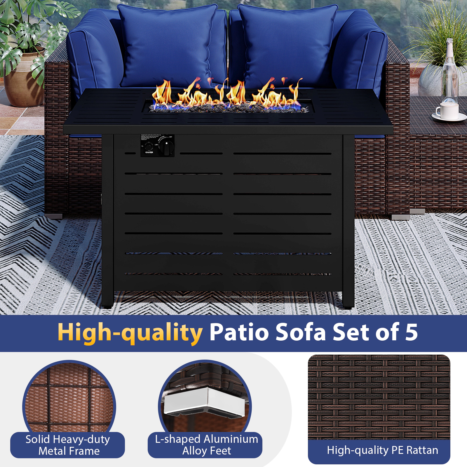 SUGIFT 5-Piece Navy Rattan Patio Sectional Set with 60,000-BTU Fire Pit Table