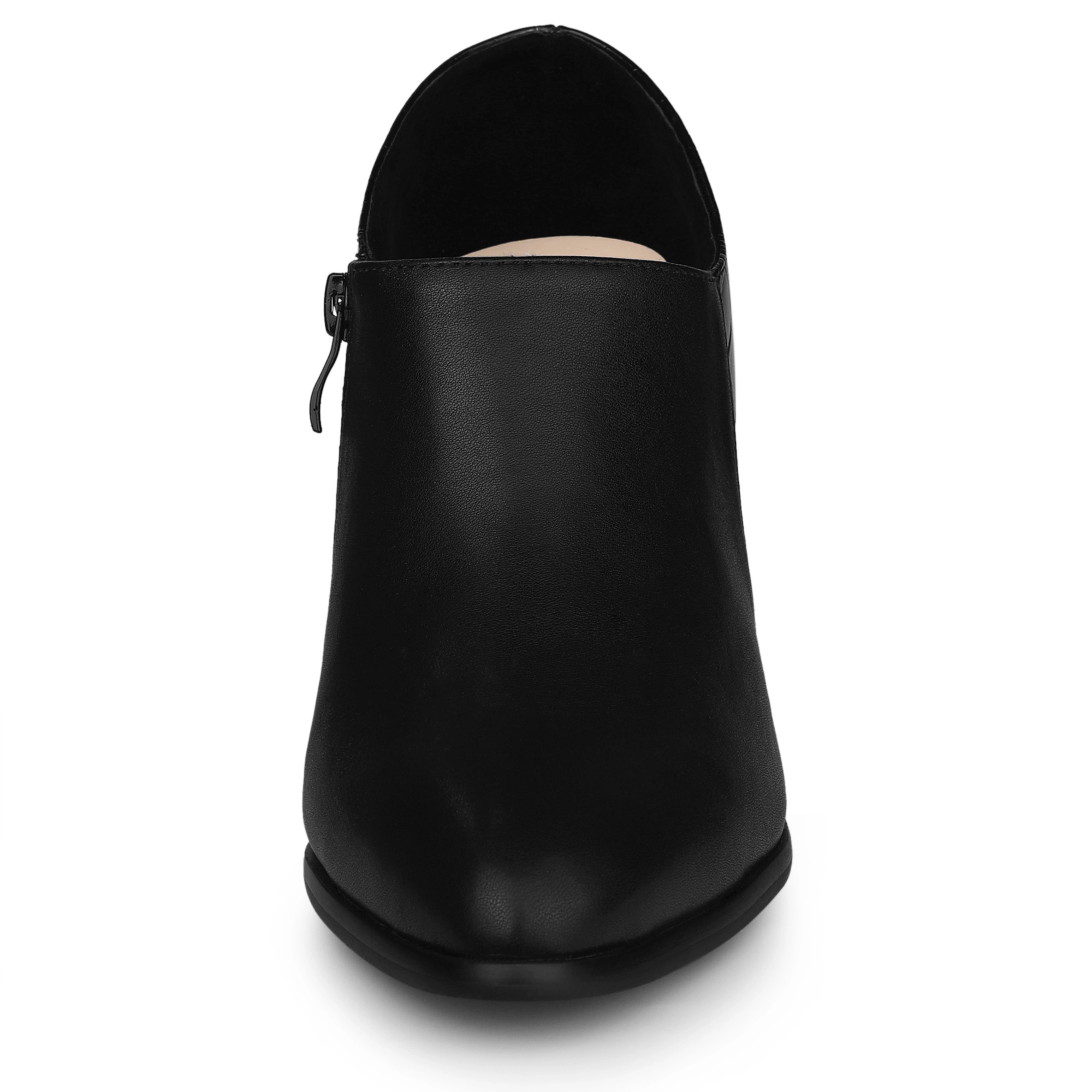 BLISSFUL STEP Women Faux Leather Pointed Toe Chunky Heel Ankle Booties