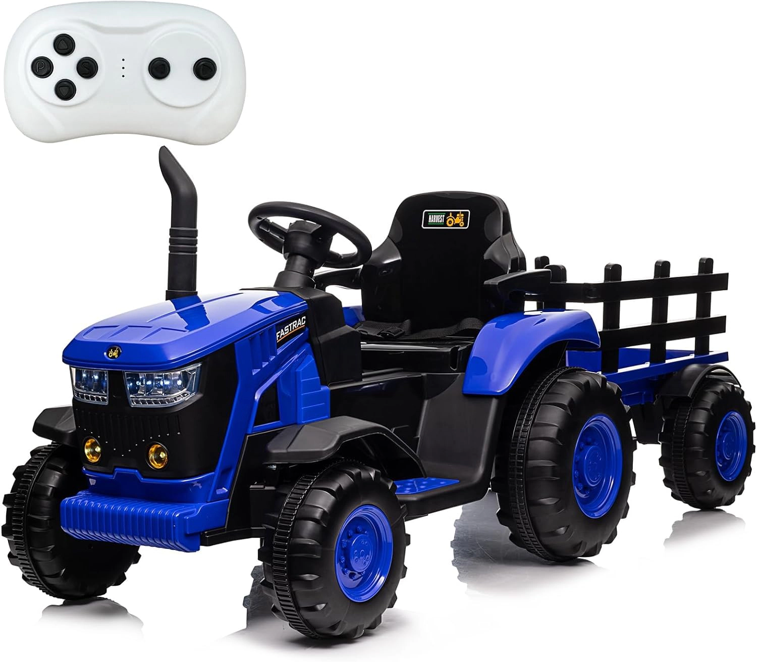 Enjyam 12V Kids Ride-On Tractor with Remote, Electric w/ Dual Motors, Detachable Trailer, Music & LED Lights