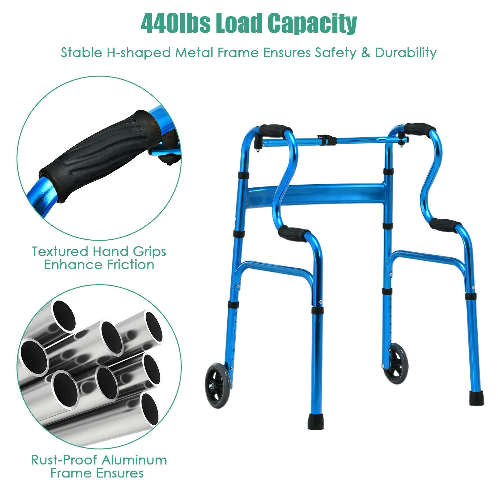 SUGIFT Aluminum Folding Wheeled Stand-Assist Walker 440-lb Capacity Height-Adjustable 25.6-in Wide Blue/Gray 1-Piece