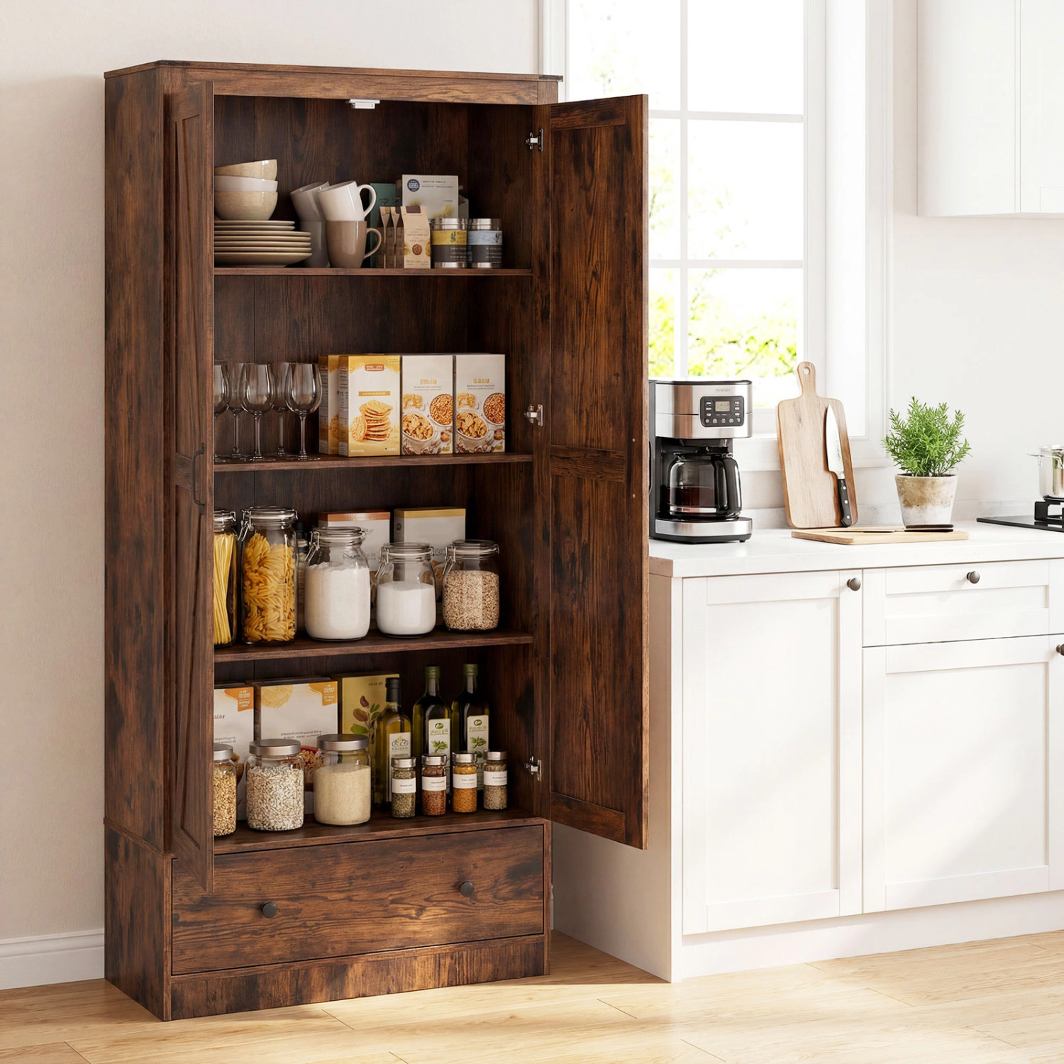 Glintex 72-Inch Farmhouse Pantry Cupboard with 5-Tier Shelves and Drawer