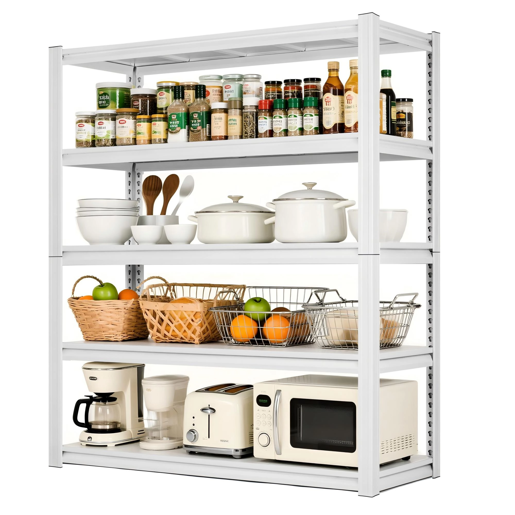Flynama 5-Tier Boltless Garage Pantry Rack, Heavy Duty Steel, Adjustable, White (47.2"W x 72"H x 17.7"D)