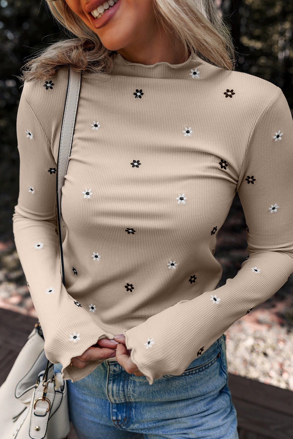 Threaded Pear Women's Genesis Embroidered Detail Ribbed Long Sleeve Top