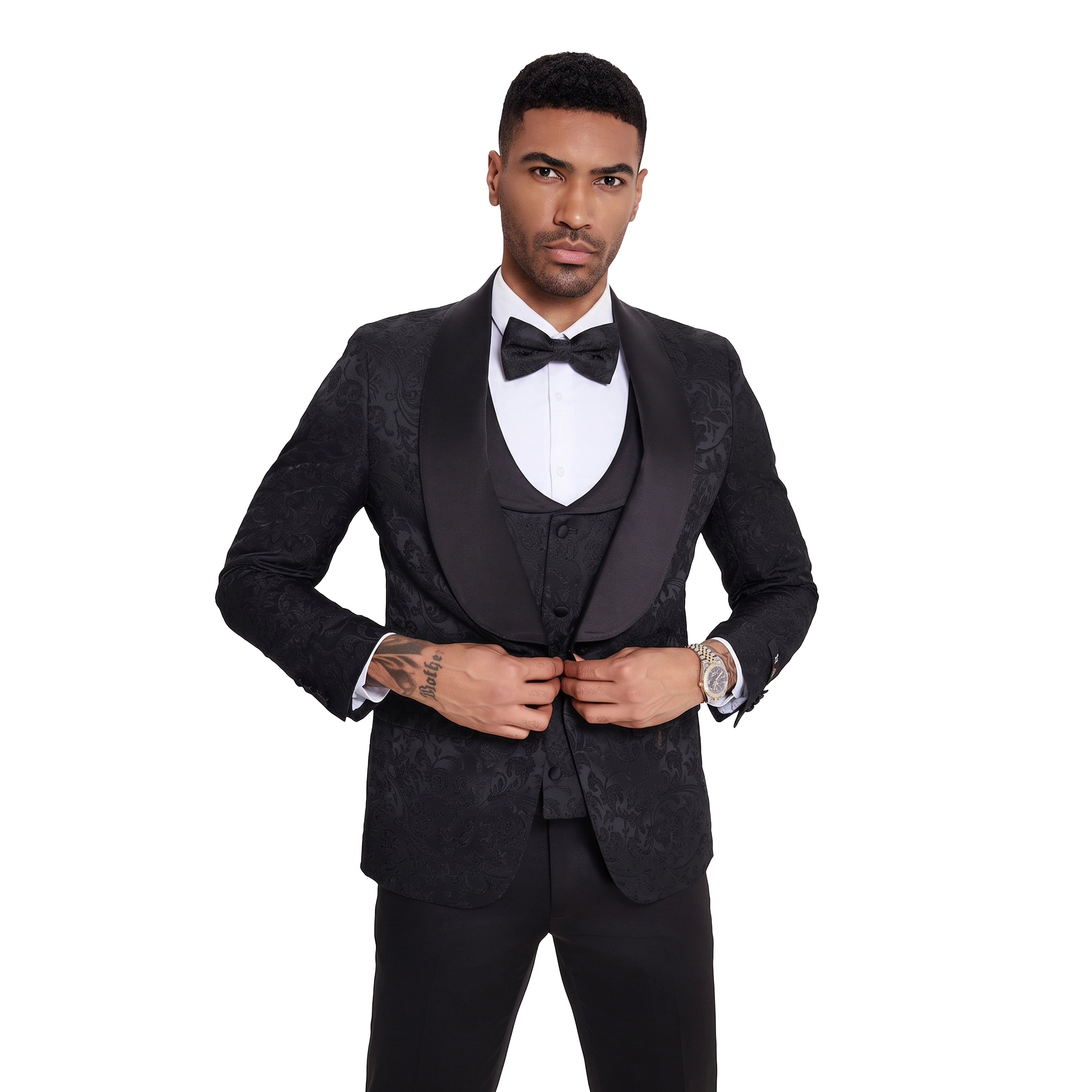 Tazzio Mens Skinny Fit Paisley Jacquard 3pc Suit Set, Matching Bowtie Included