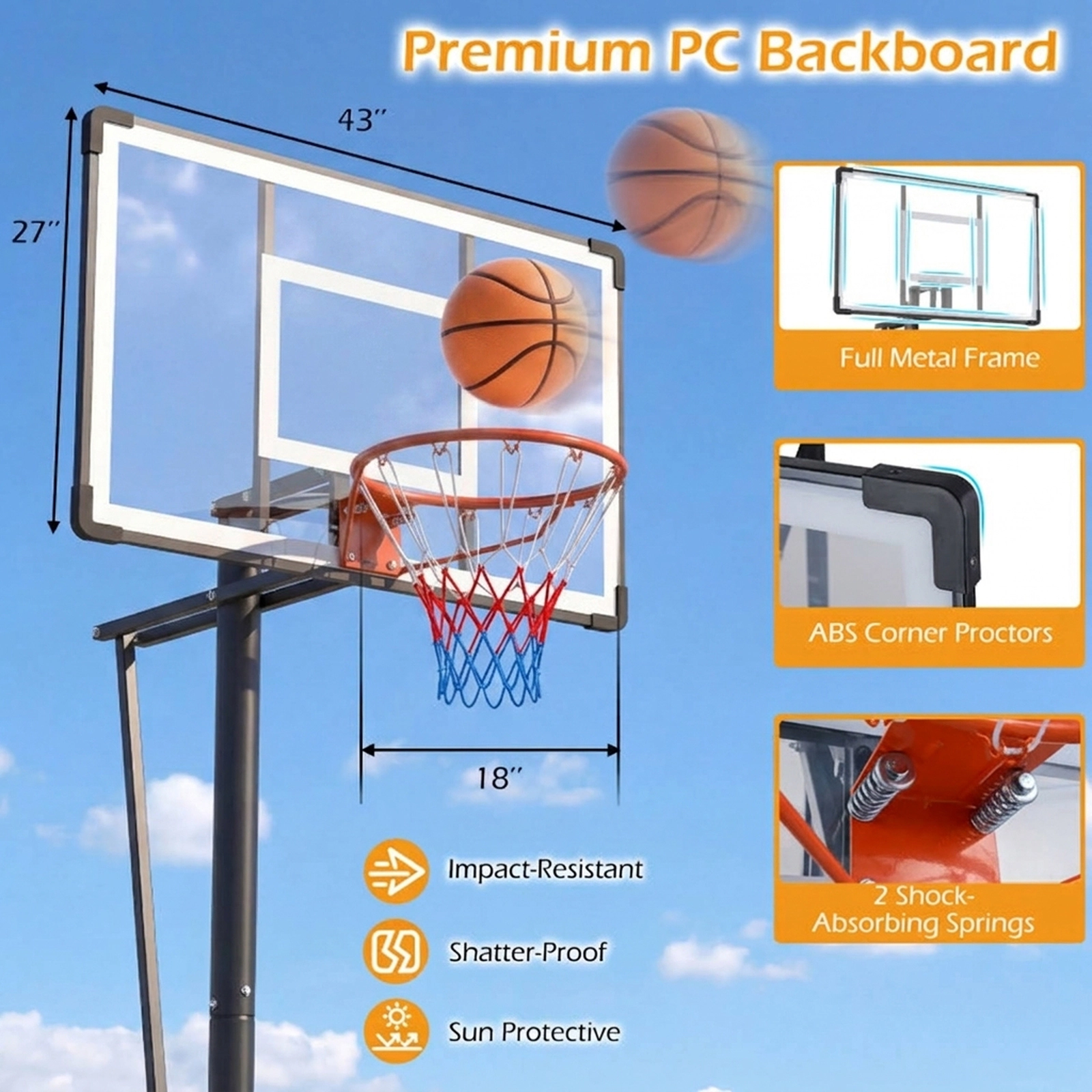 SUGIFT 10-ft 3-Section Pole Portable Basketball Hoop with 43-in PC Backboard and 97-lb Fillable Base