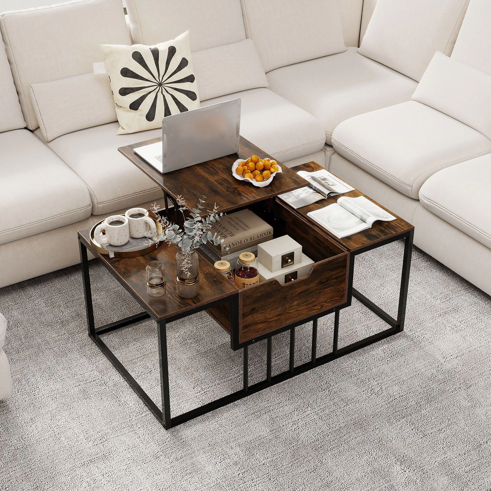 SlickBlue Modern Lift Top Coffee Table with Storage and Metal Frame