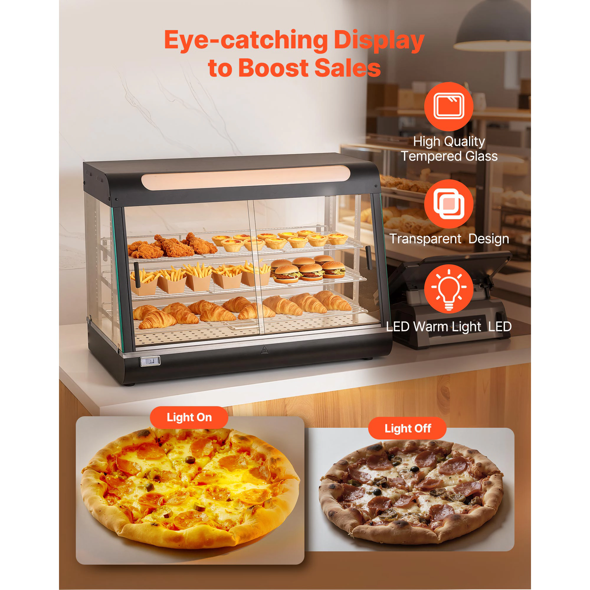 HONGGE 3-Tier Commercial Food Warmer Display with LED Light Top Storage and Adjustable Shelves