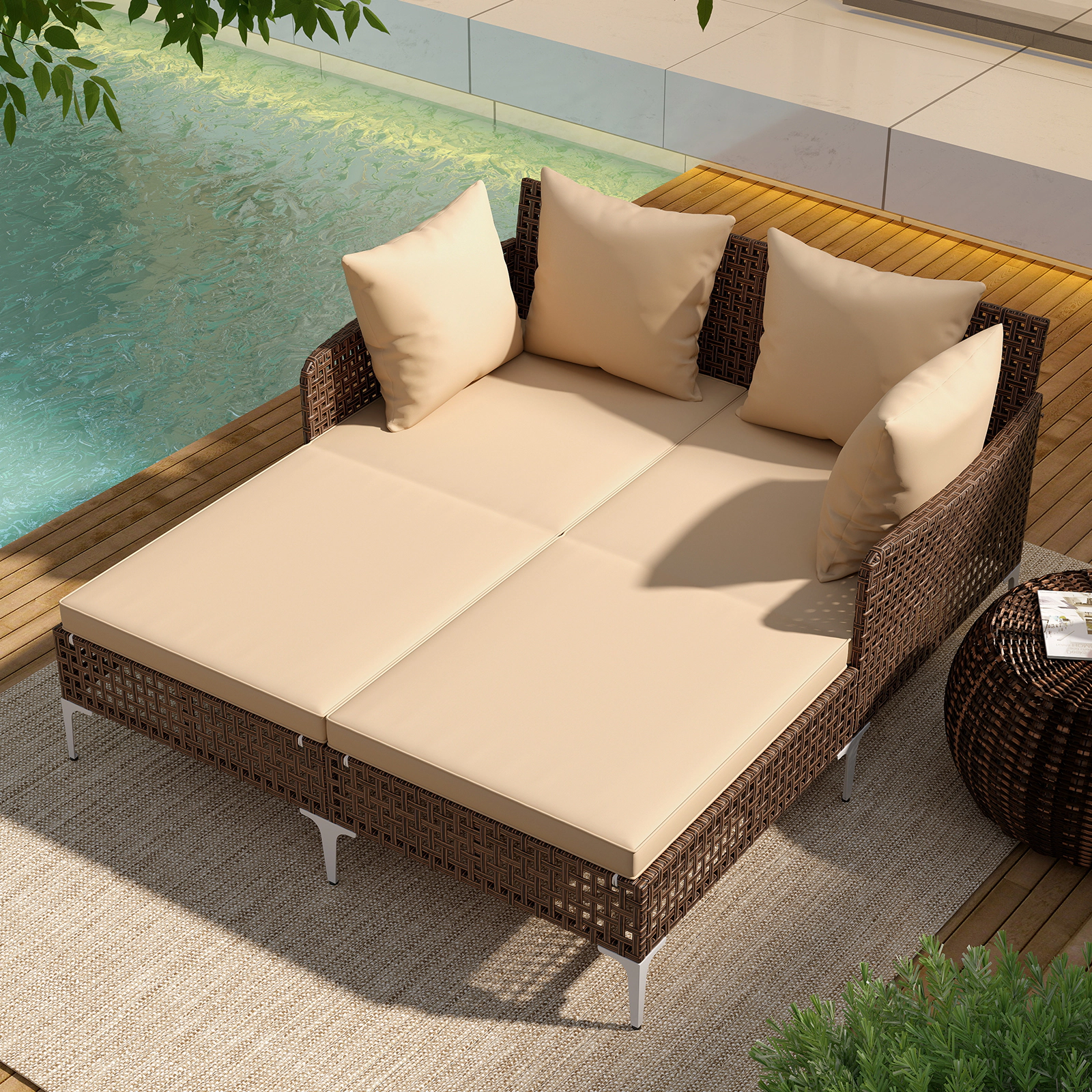 SUGIFT Outdoor Rattan Double Daybed for 2, Brown, with Cushions and Metal Frame