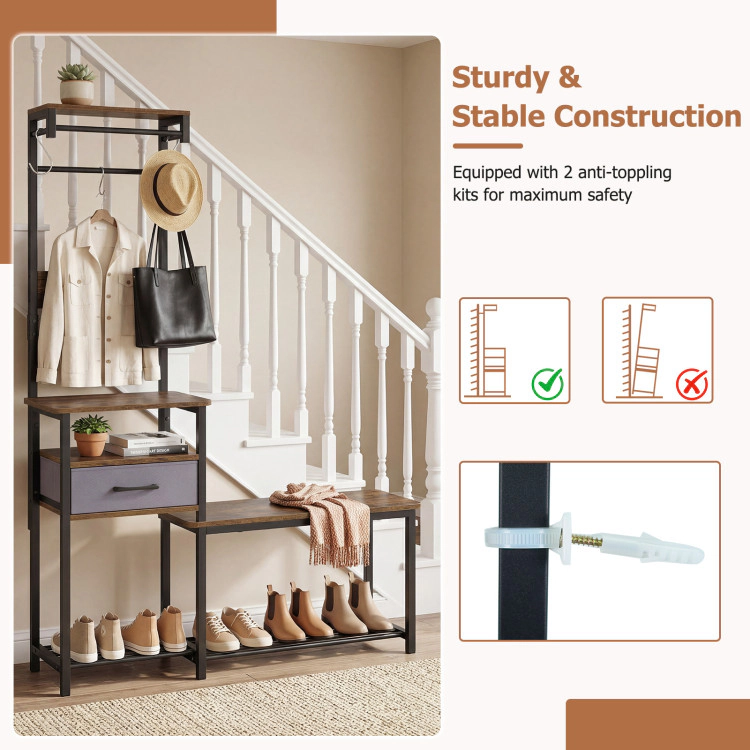 Hivvago 7-in-1 Hall Tree with Shoe Bench and Hooks and Removable Drawer for Entryway