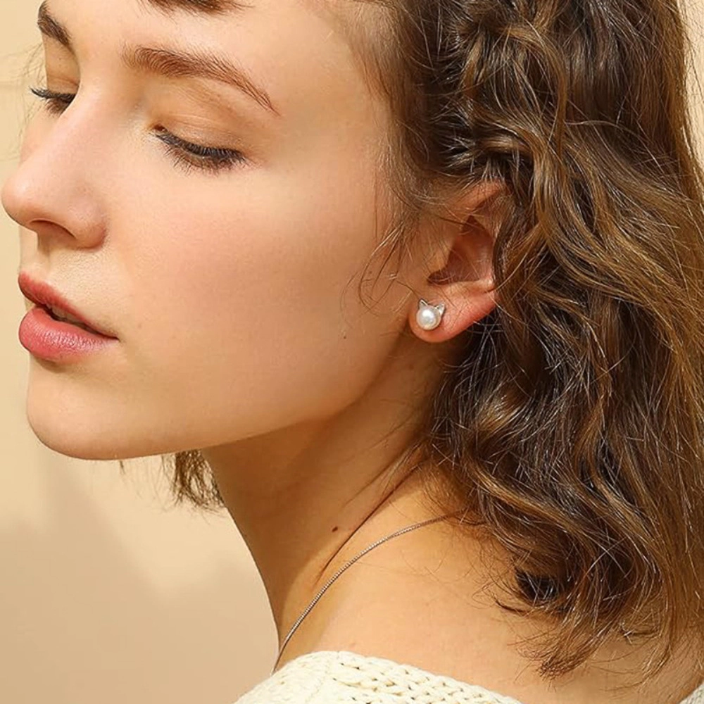 Wardrobe Whimsy Dainty Cat Ear Imitation Pearl Stud Earrings Cute Animal Theme Jewelry
