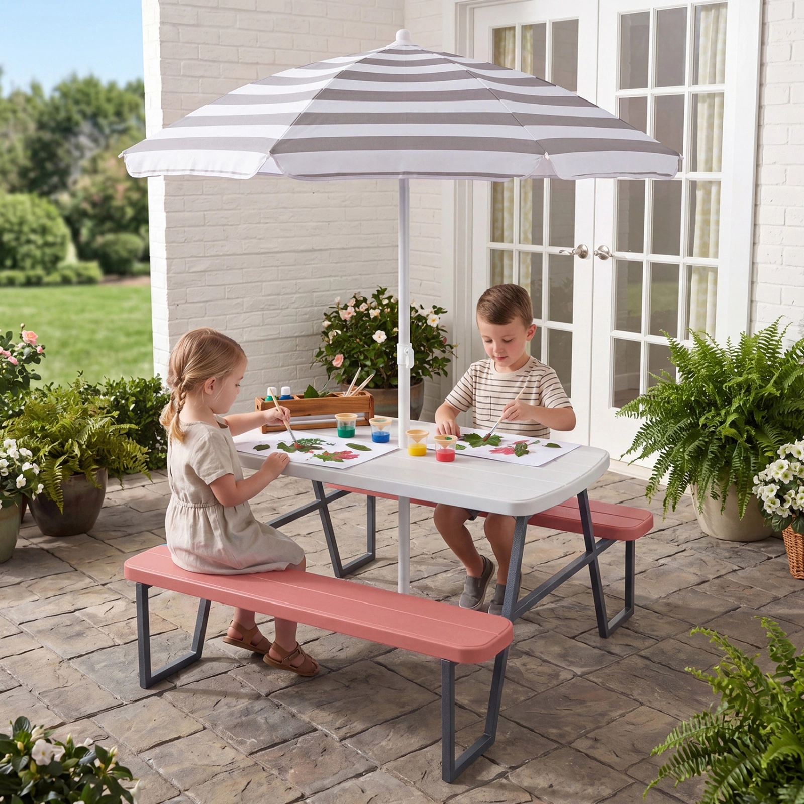 SUGIFT Kids Picnic Table with Benches Pink Seats 4 with Removable Umbrella