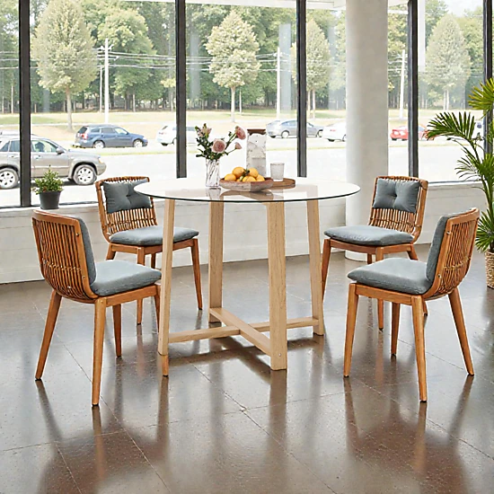 Hivvago Rubberwood Leg Round Dining Table with 42-Inch Tempered Glass Top