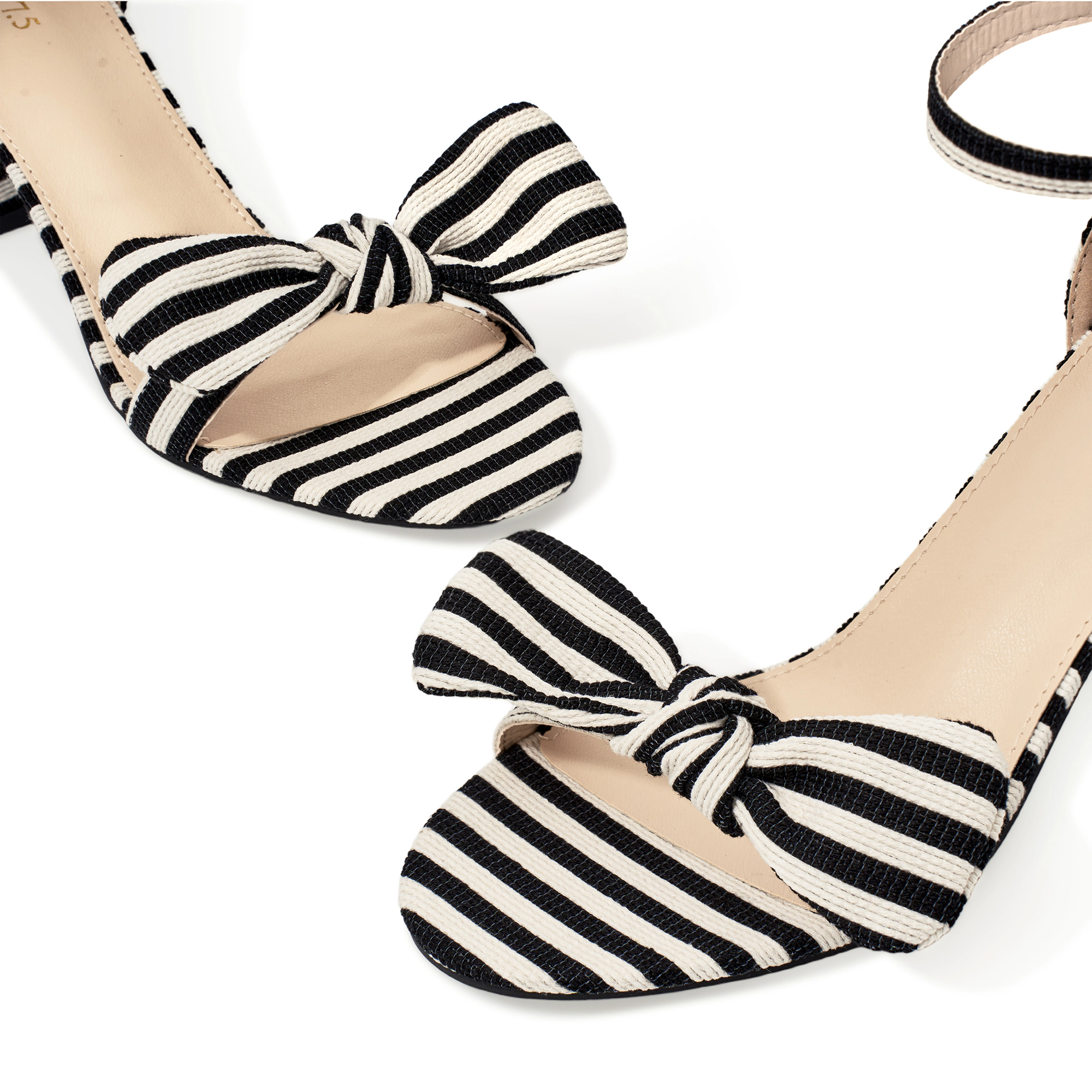 BLISSFUL STEP Women's Stripe Bow Ankle Strap Chunky Heel Open Toe Block Sandals