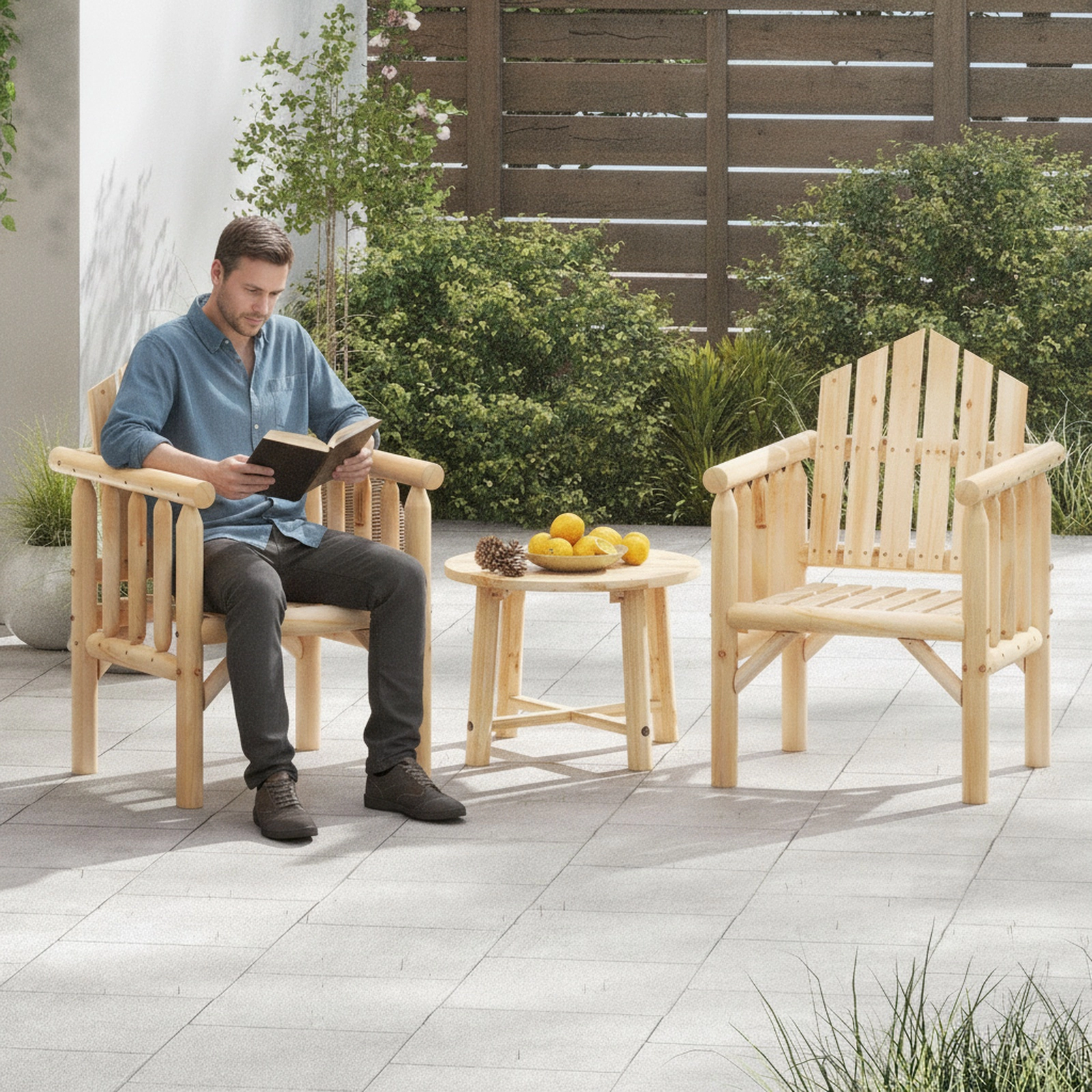 SUGIFT Natural Wood Outdoor Dining Chair with Arms, Reclined High Back, 330-lb Capacity