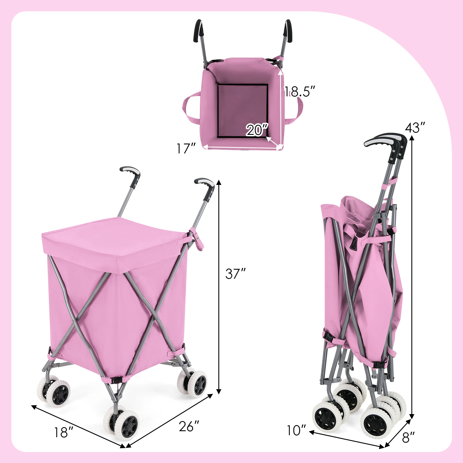 SUGIFT Folding Shopping Utility Cart Pink with Removable Water-Resistant Canvas Bag