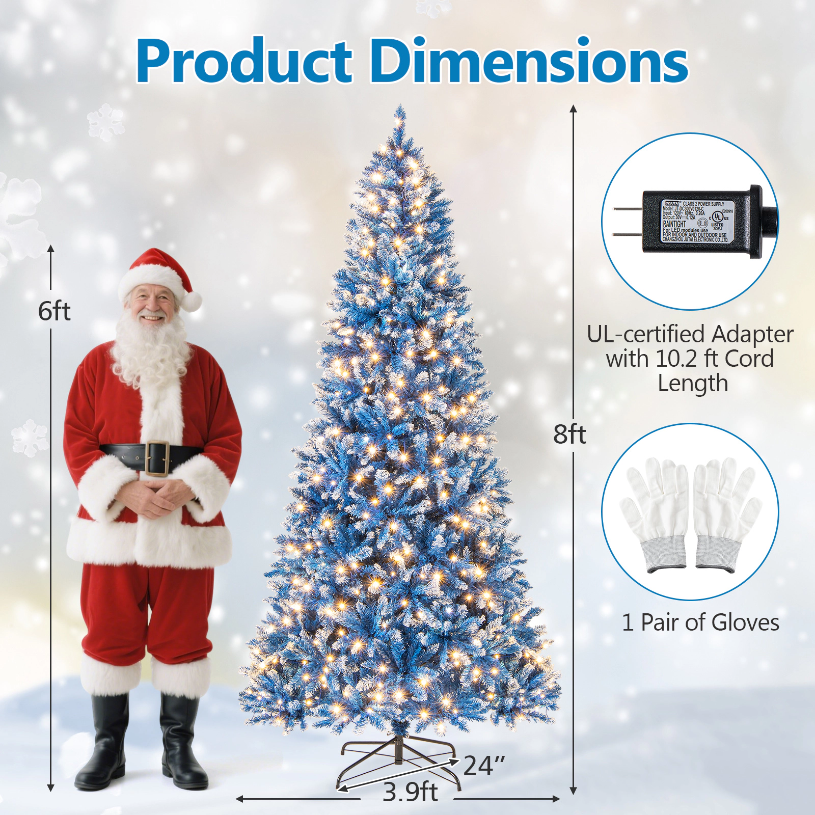 SUGIFT 8-ft Blue Pre-Lit Snowy Artificial Christmas Tree with 420 Warm White LED Lights and 1458 Tips